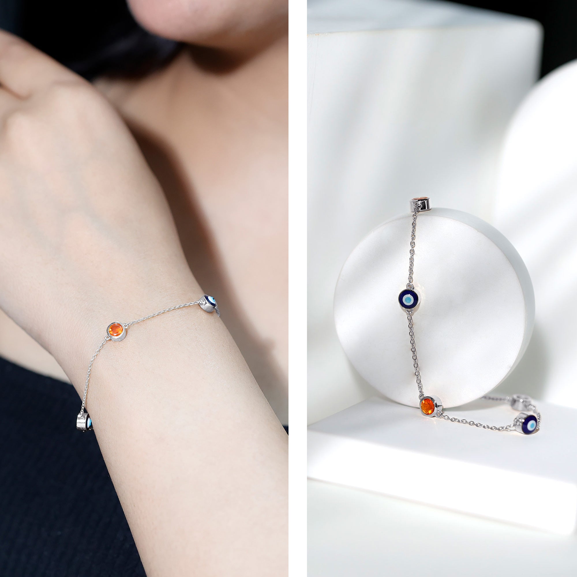 Bezel Set Fire Opal Evil Eye Station Bracelet for Women