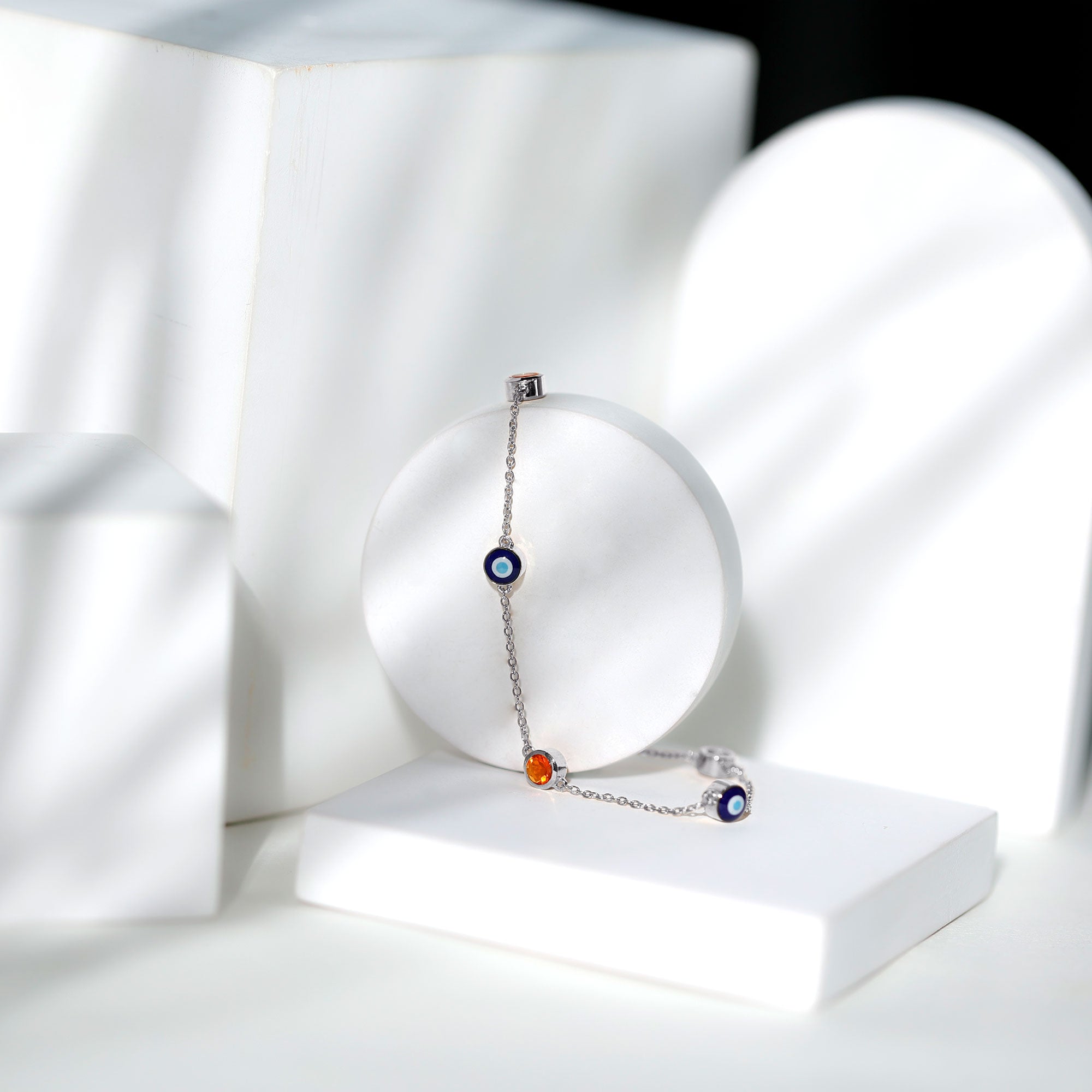 Bezel Set Fire Opal Evil Eye Station Bracelet for Women