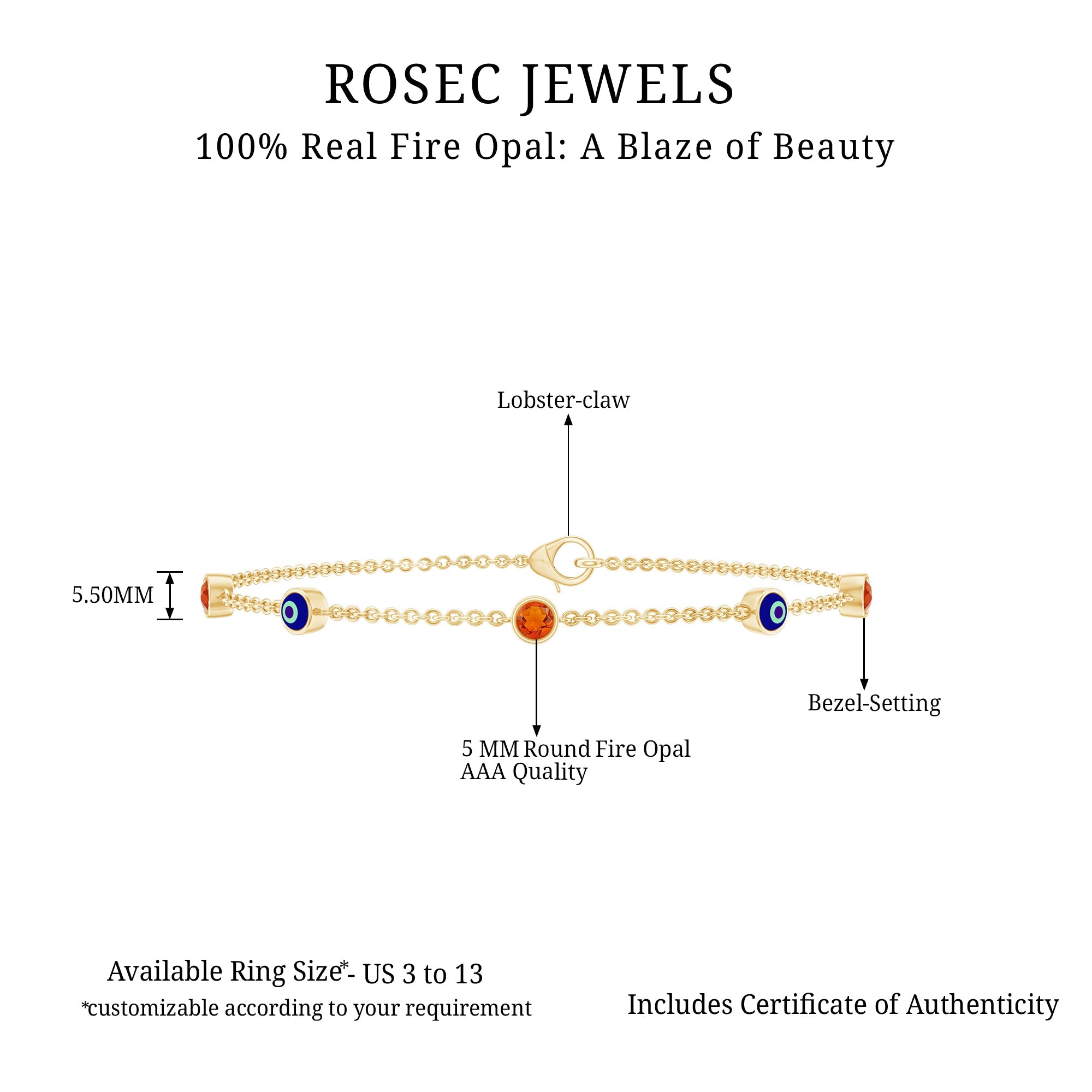 Bezel Set Fire Opal Evil Eye Station Bracelet for Women