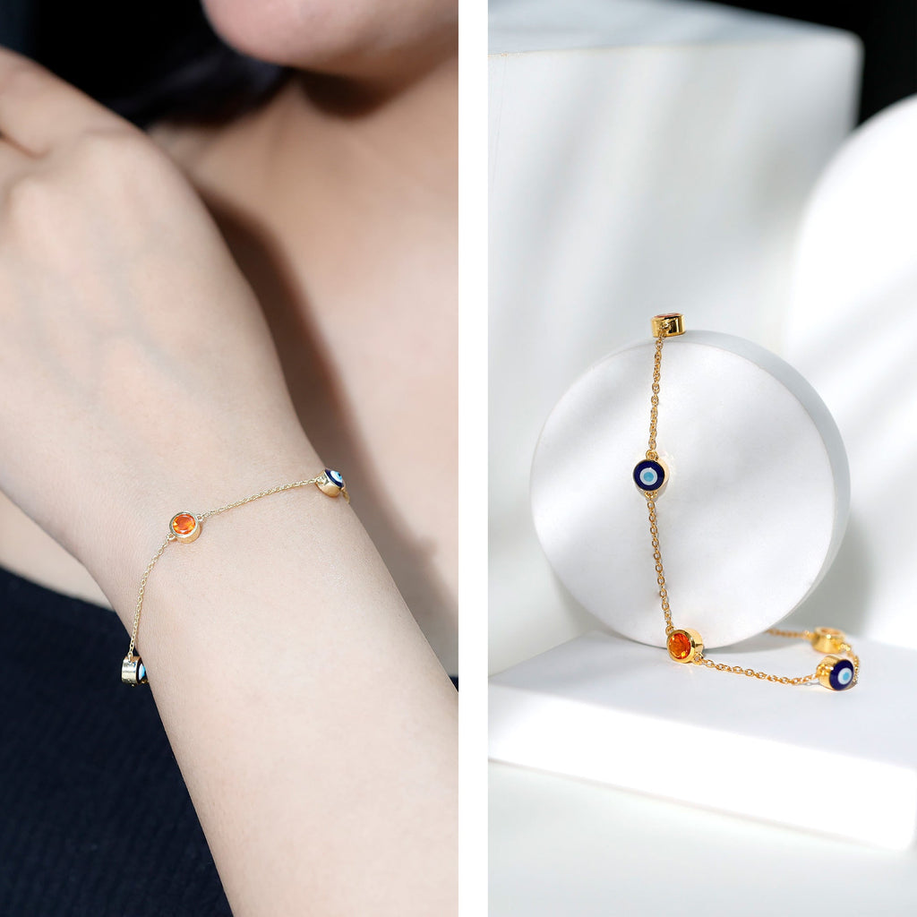 Bezel Set Fire Opal Evil Eye Station Bracelet for Women