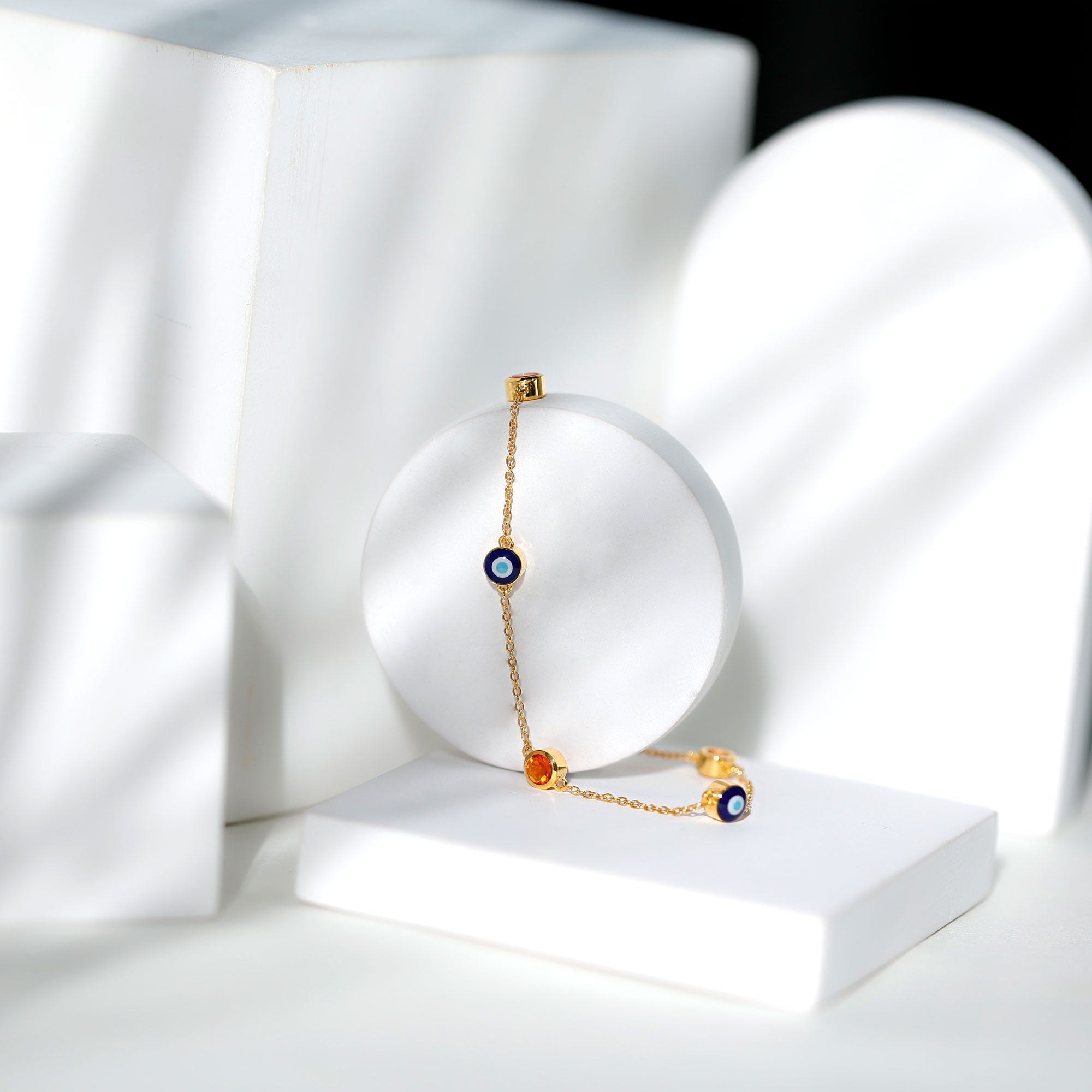 Bezel Set Fire Opal Evil Eye Station Bracelet for Women