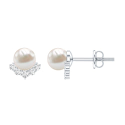 Modern Stud Earrings with Freshwater Pearl and Diamond | Earrings | Wiccan Center