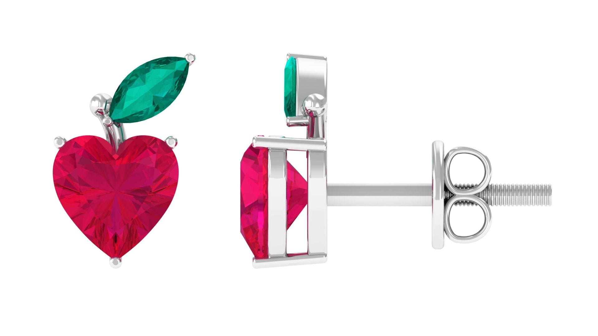 Heart Shape Ruby Strawberry Stud Earrings with Emerald | Earrings | Wiccan Center