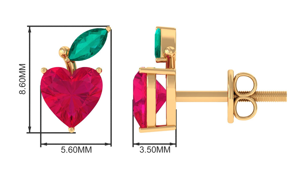 Heart Shape Ruby Strawberry Stud Earrings with Emerald | Earrings | Wiccan Center
