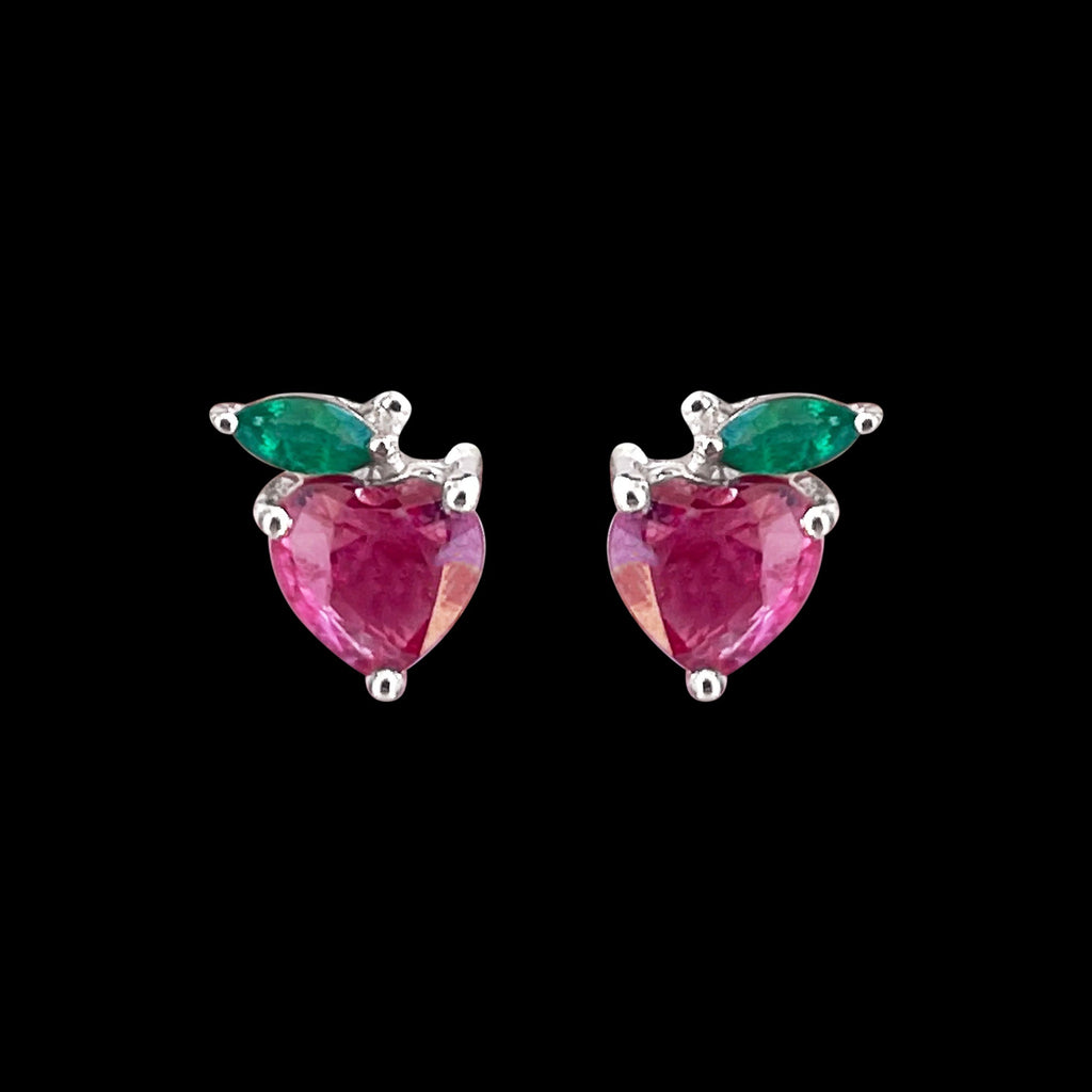 Heart Shape Ruby Strawberry Stud Earrings with Emerald | Earrings | Wiccan Center