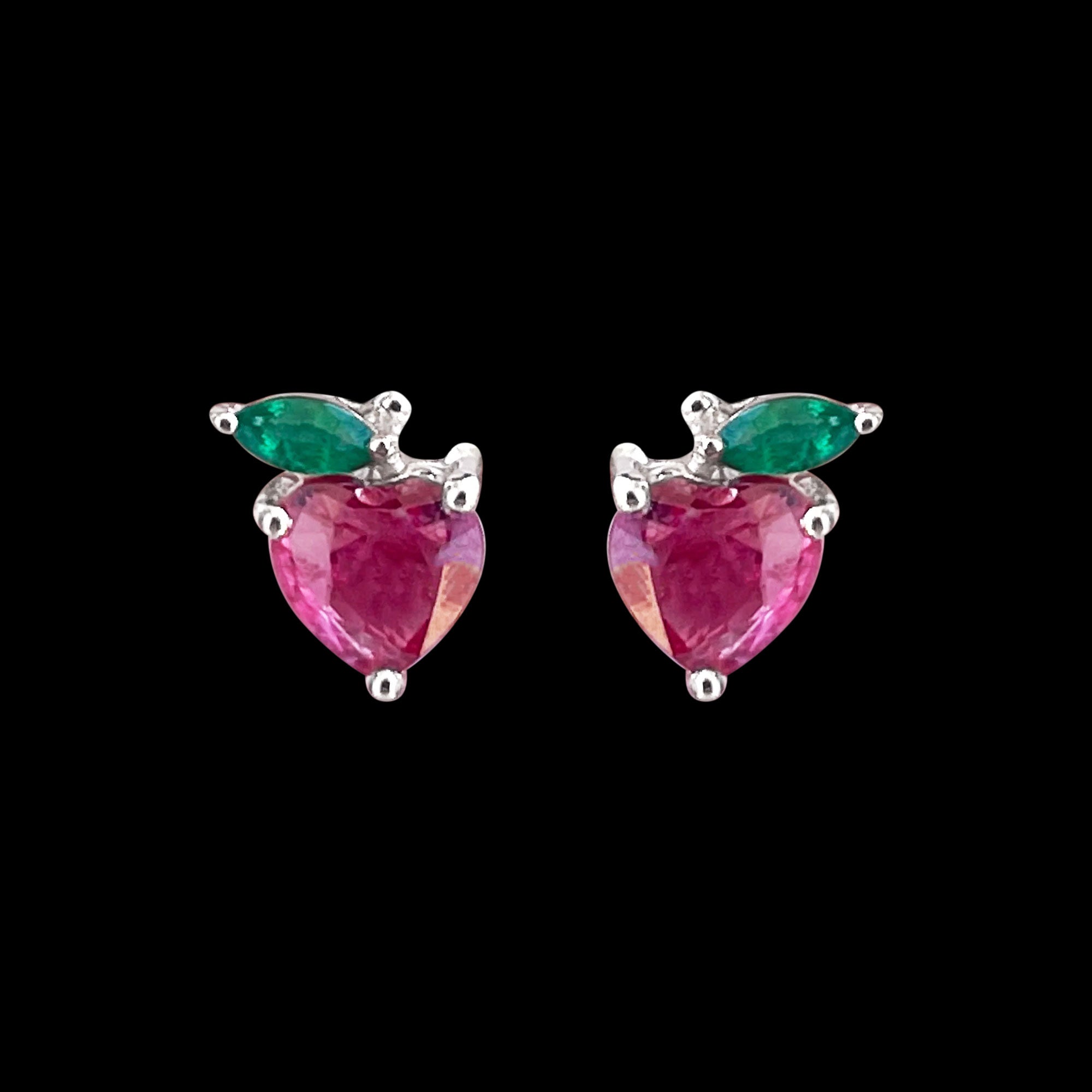 Heart Shape Ruby Strawberry Stud Earrings with Emerald | Earrings | Wiccan Center
