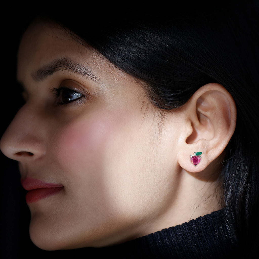 Heart Shape Ruby Strawberry Stud Earrings with Emerald | Earrings | Wiccan Center