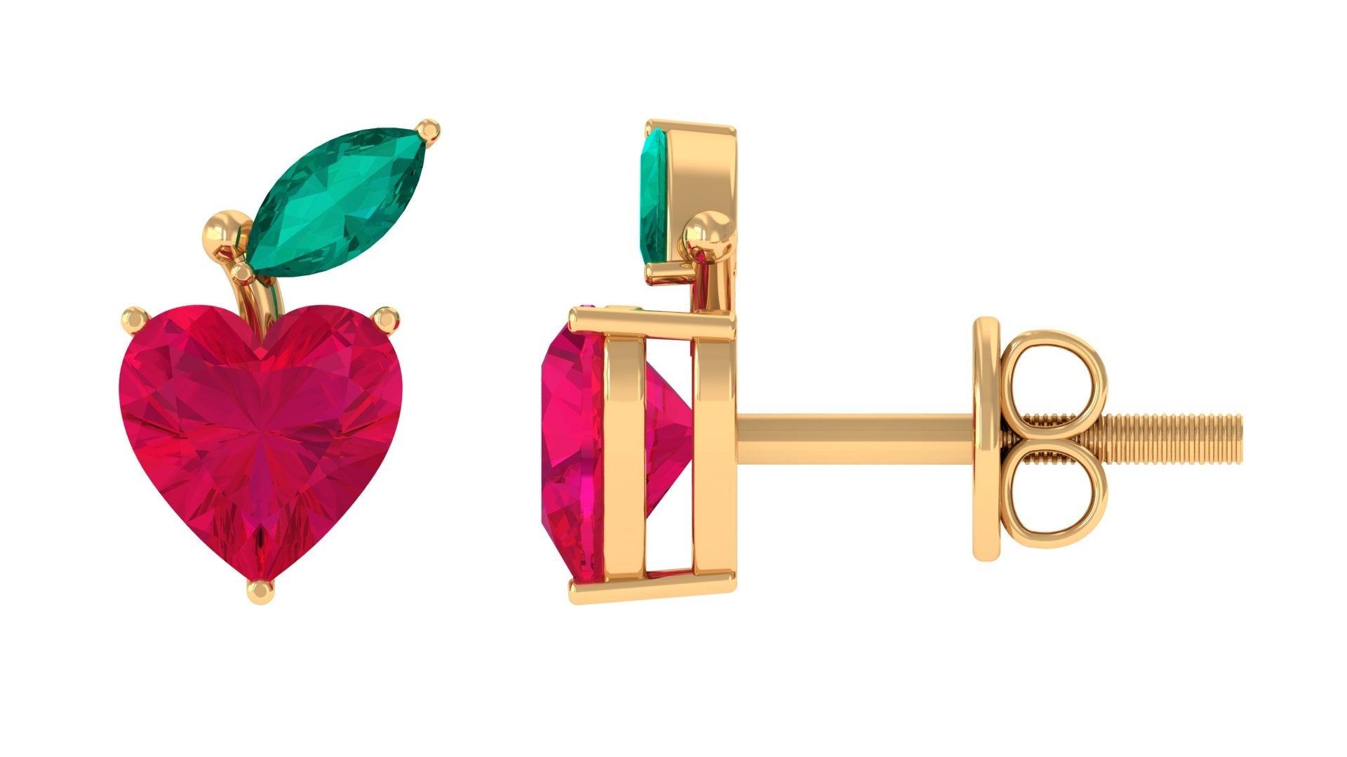 Heart Shape Ruby Strawberry Stud Earrings with Emerald | Earrings | Wiccan Center