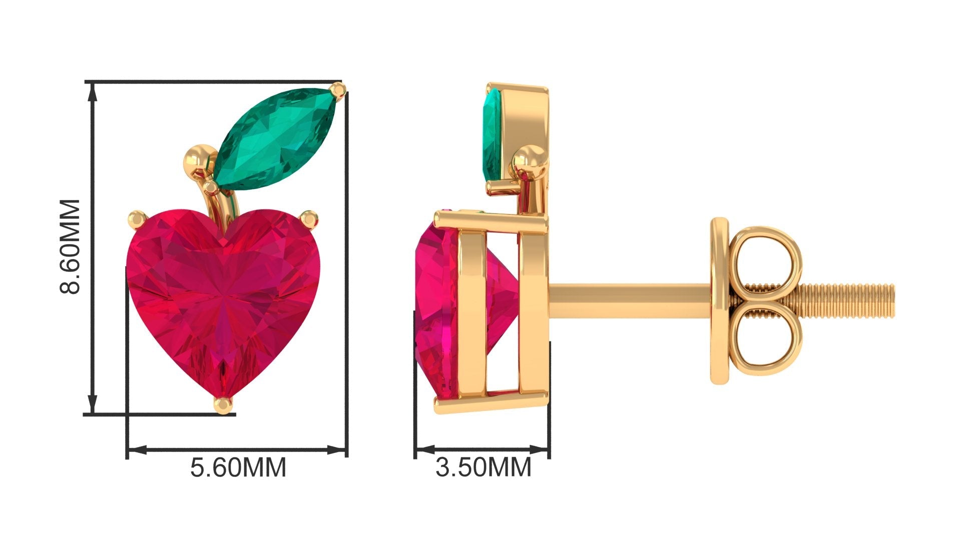 Heart Shape Ruby Strawberry Stud Earrings with Emerald | Earrings | Wiccan Center