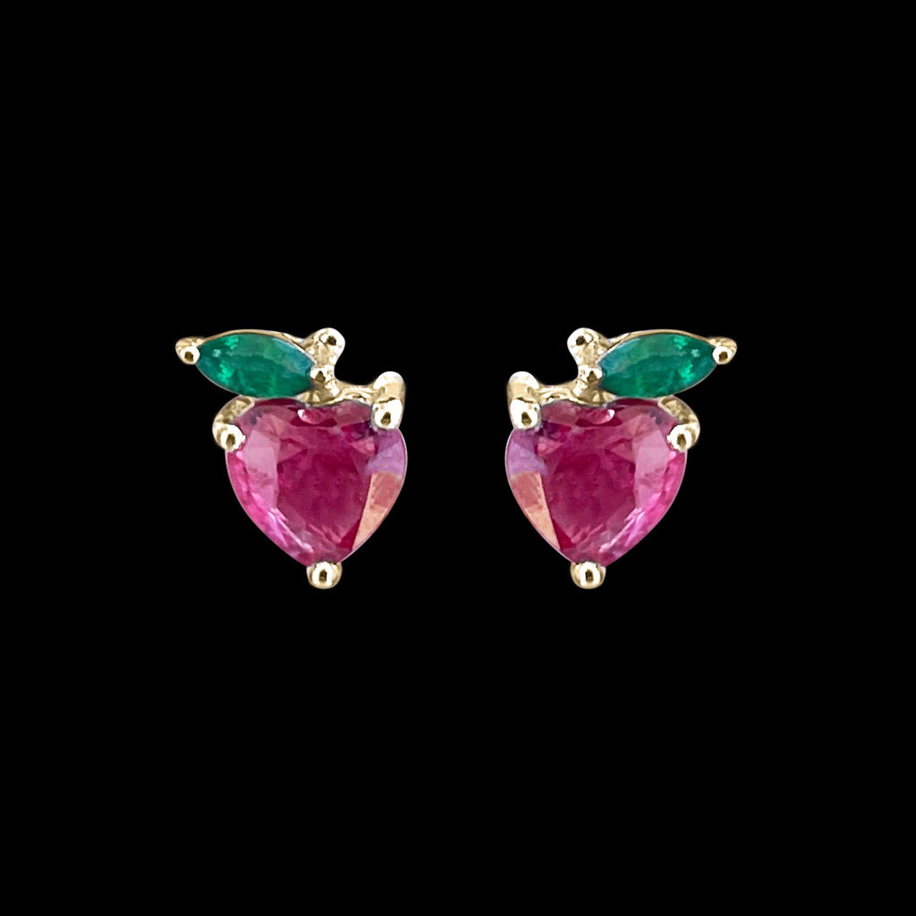 Heart Shape Ruby Strawberry Stud Earrings with Emerald | Earrings | Wiccan Center