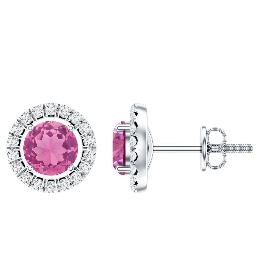 Natural Pink Tourmaline and Diamond Halo Stud Earrings