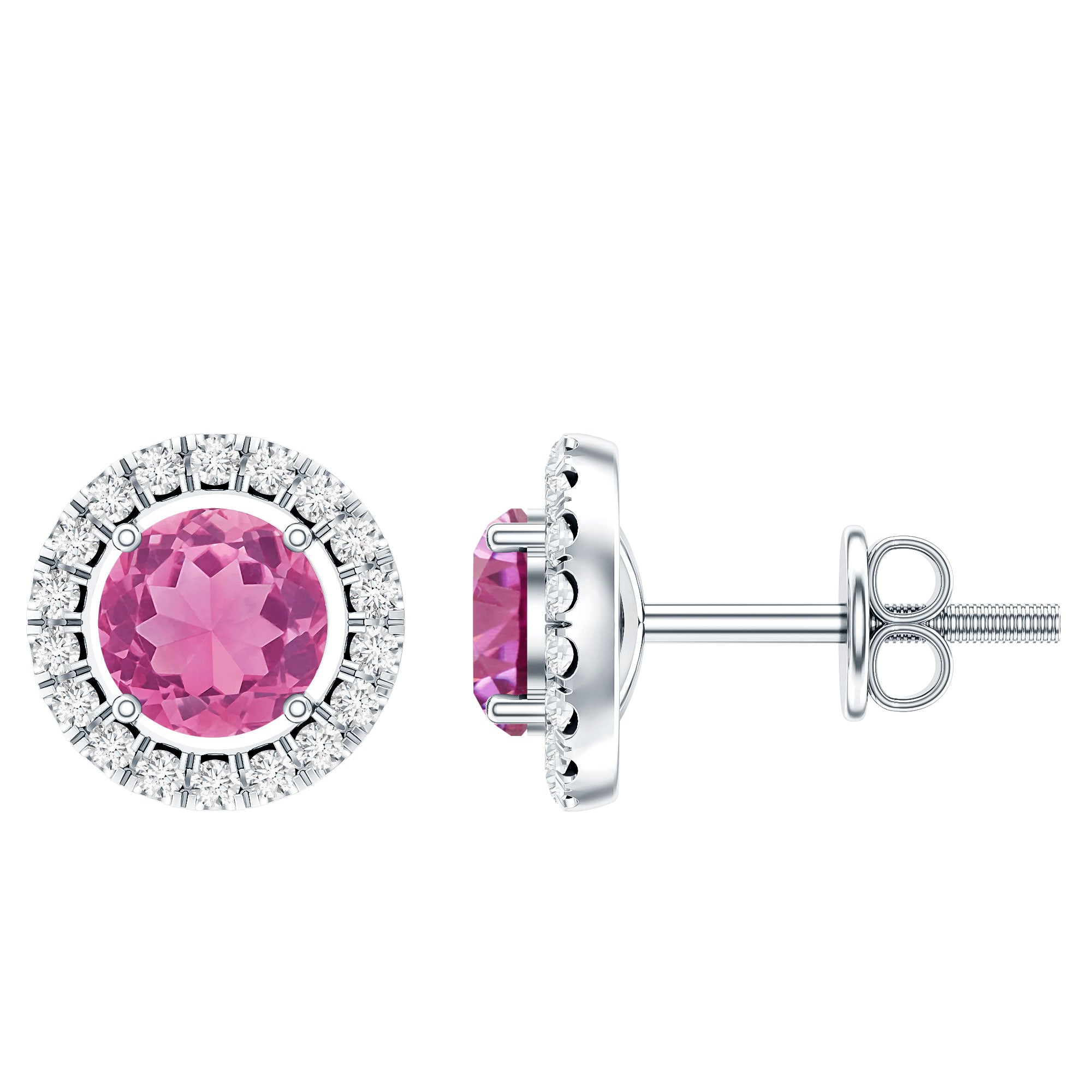 Natural Pink Tourmaline and Diamond Halo Stud Earrings