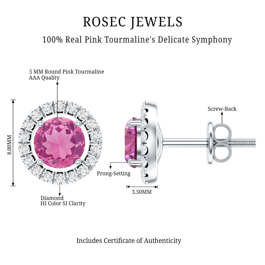 Natural Pink Tourmaline and Diamond Halo Stud Earrings