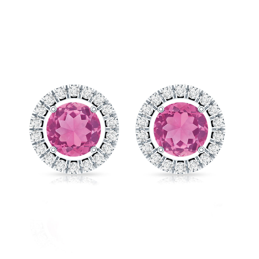 Natural Pink Tourmaline and Diamond Halo Stud Earrings