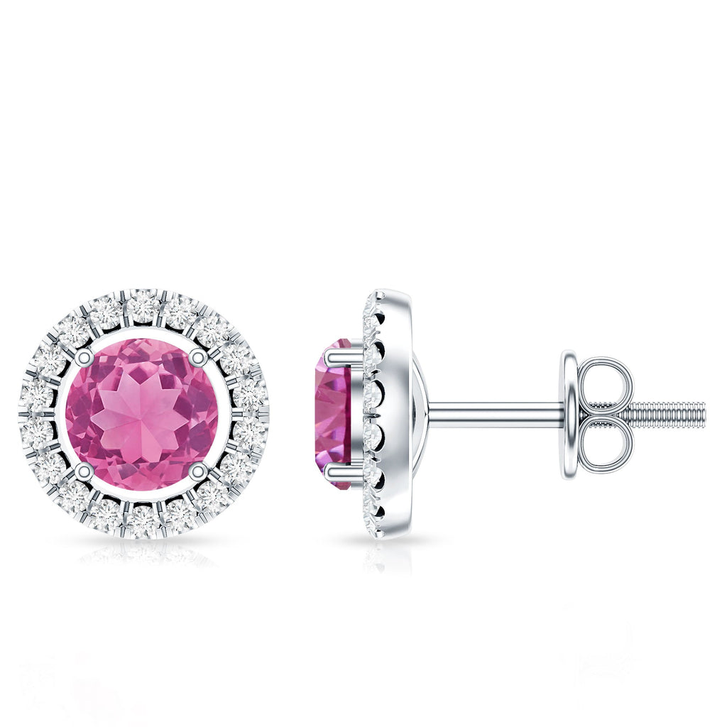 Natural Pink Tourmaline and Diamond Halo Stud Earrings
