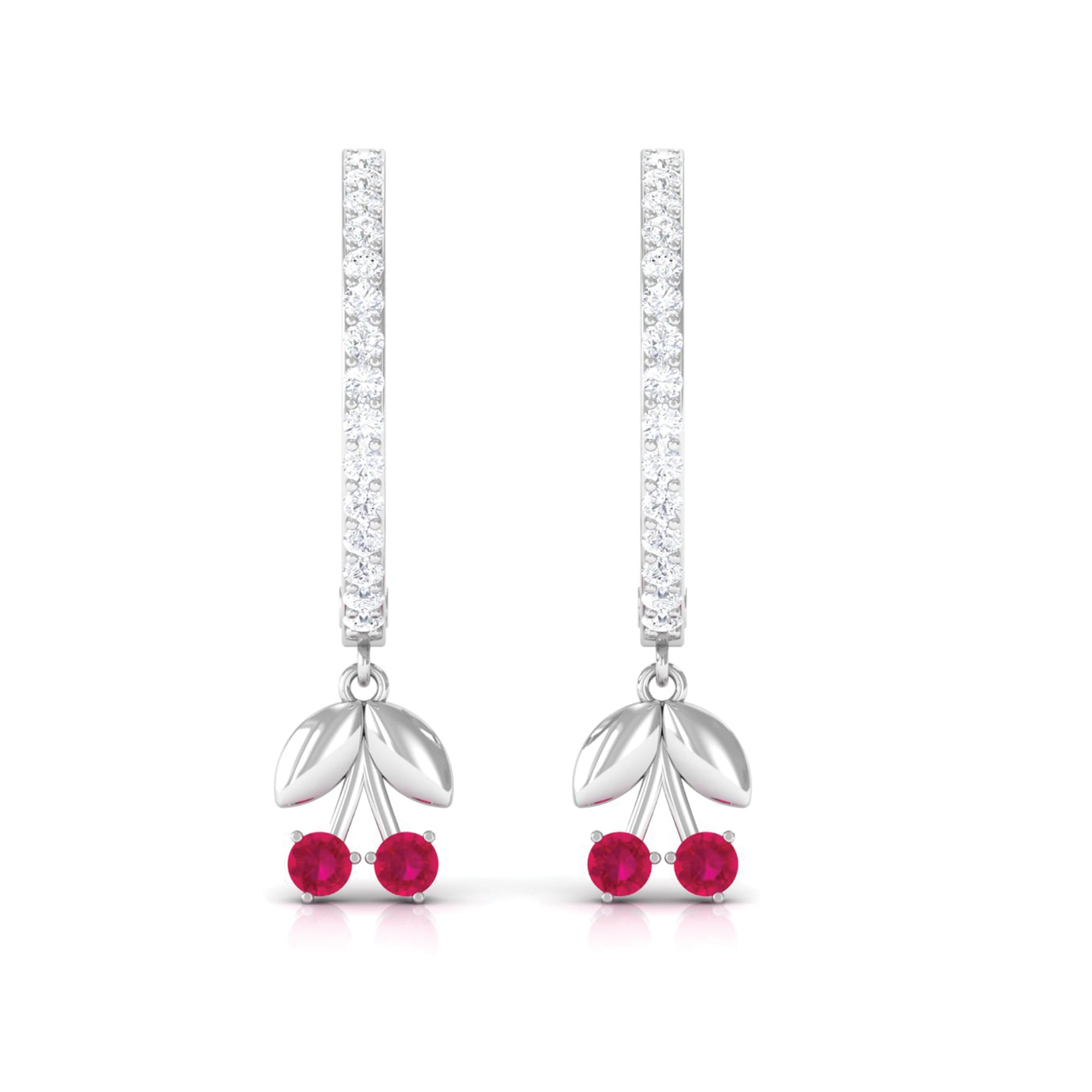Natural Ruby Cherry Drop Hoop Earrings with Diamond