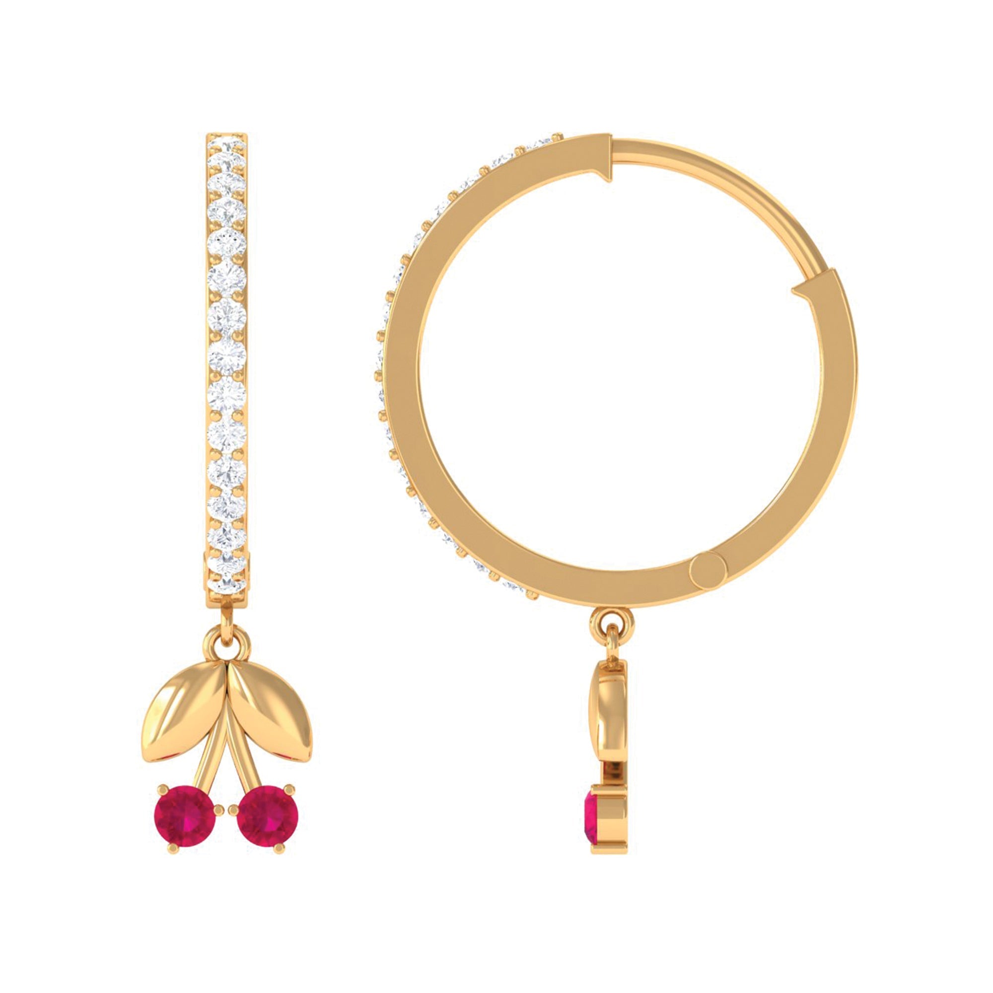 Natural Ruby Cherry Drop Hoop Earrings with Diamond | Earrings | Wiccan Center
