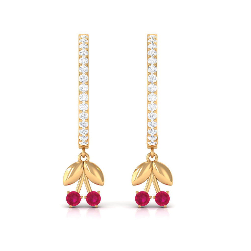 Natural Ruby Cherry Drop Hoop Earrings with Diamond
