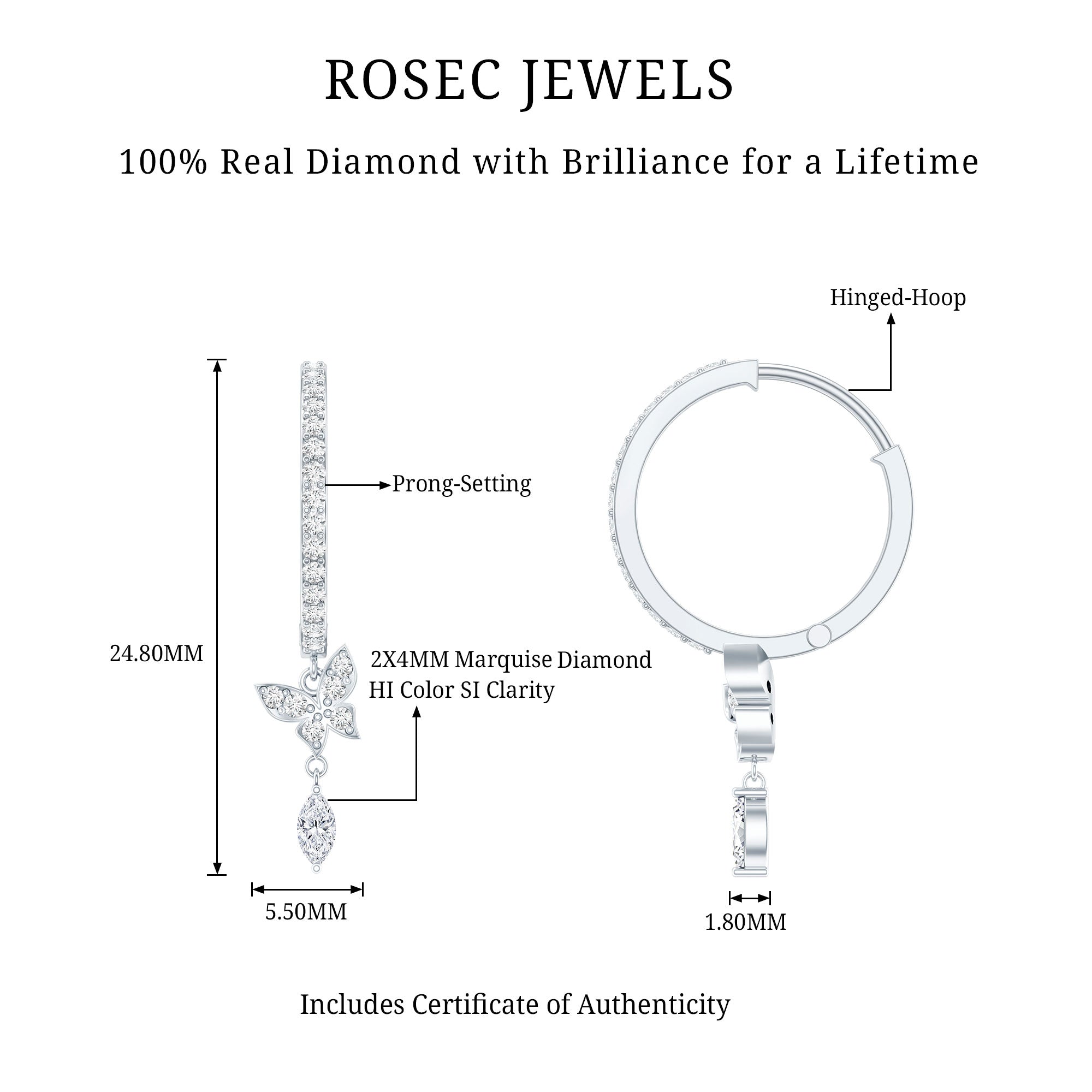 Natural Diamond Butterfly Hoop Earrings for Women