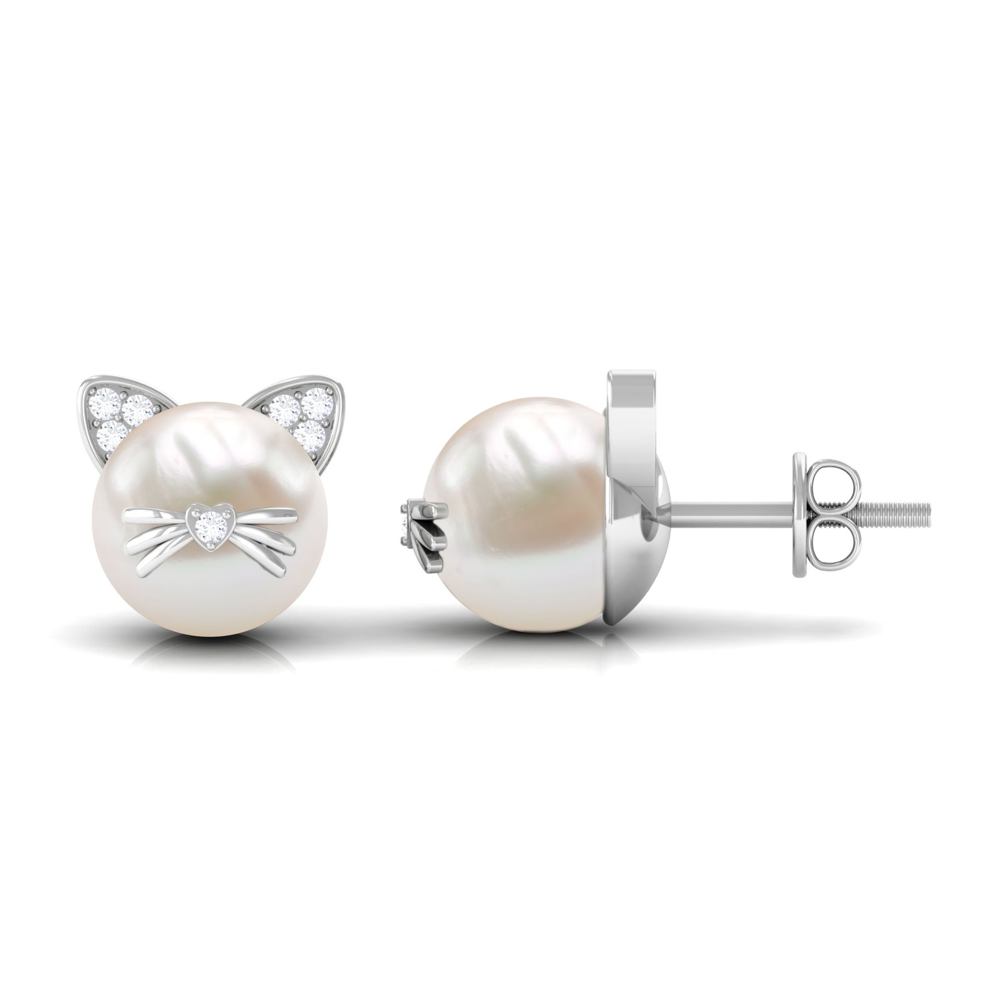 14.9 Carat Freshwater Pearl and Diamond Kitten Stud Earrings