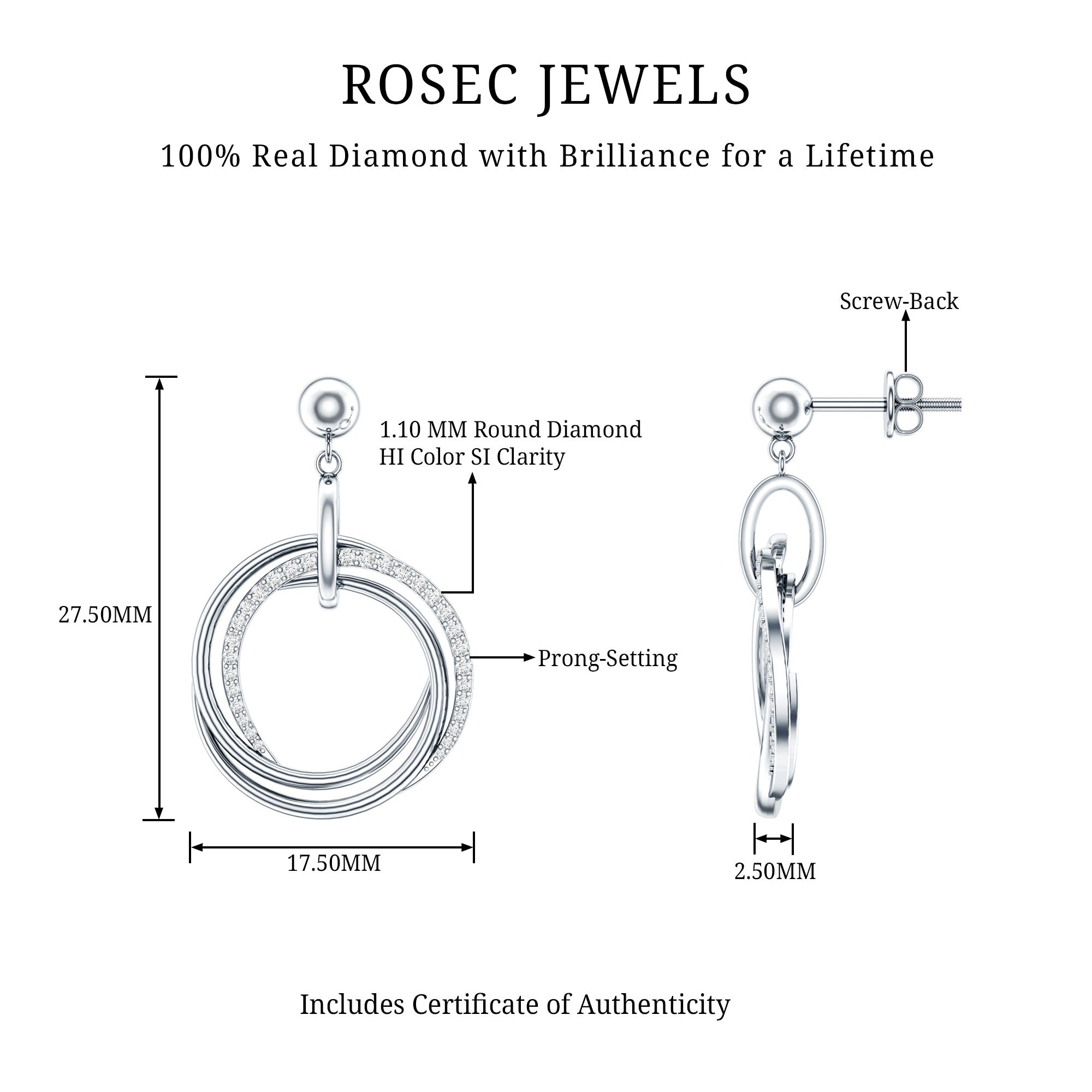 Round Cut Diamond Drop Earring with Screw Back Closure