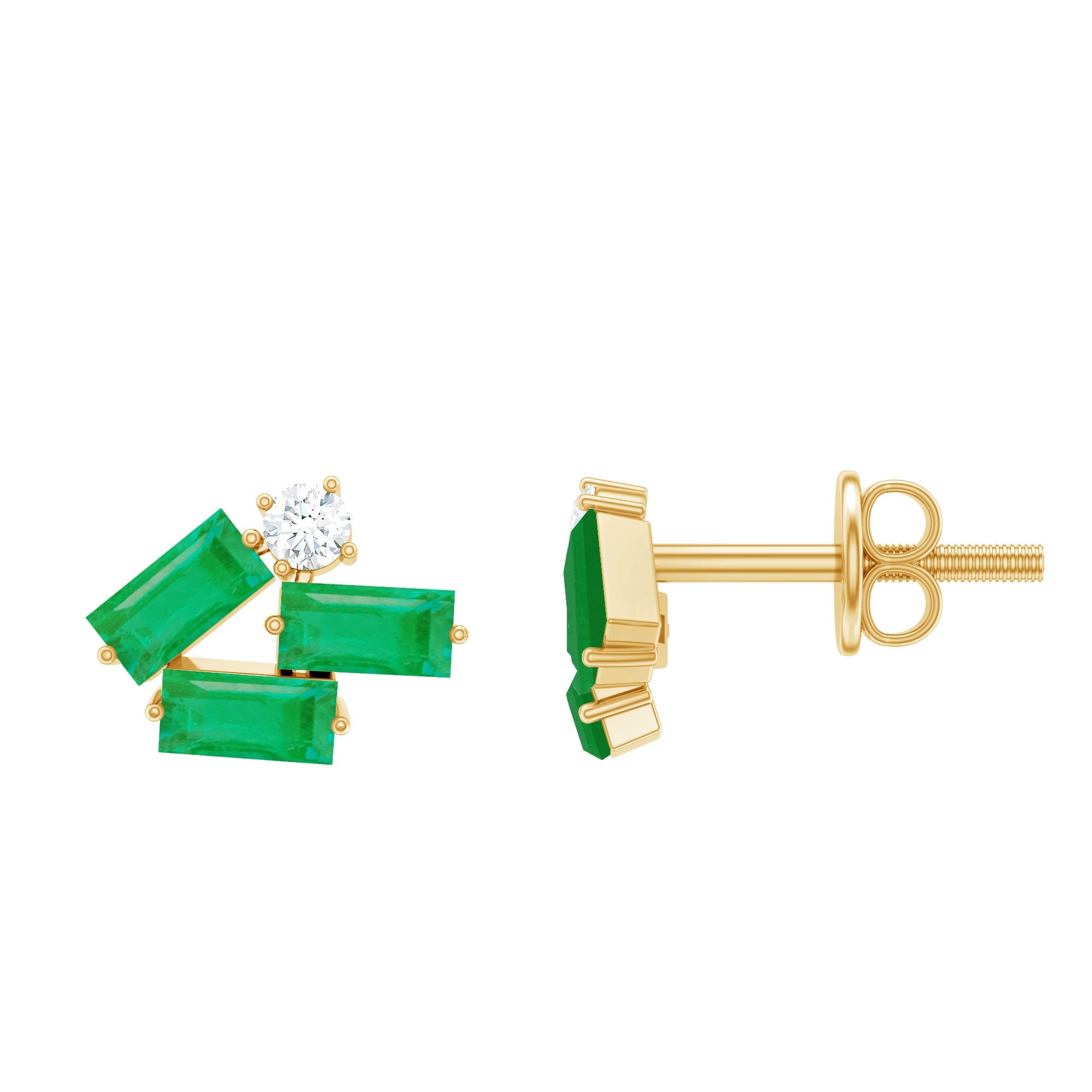 Baguette Cut Emerald and Diamond Cluster Stud Earrings | Earrings | Wiccan Center