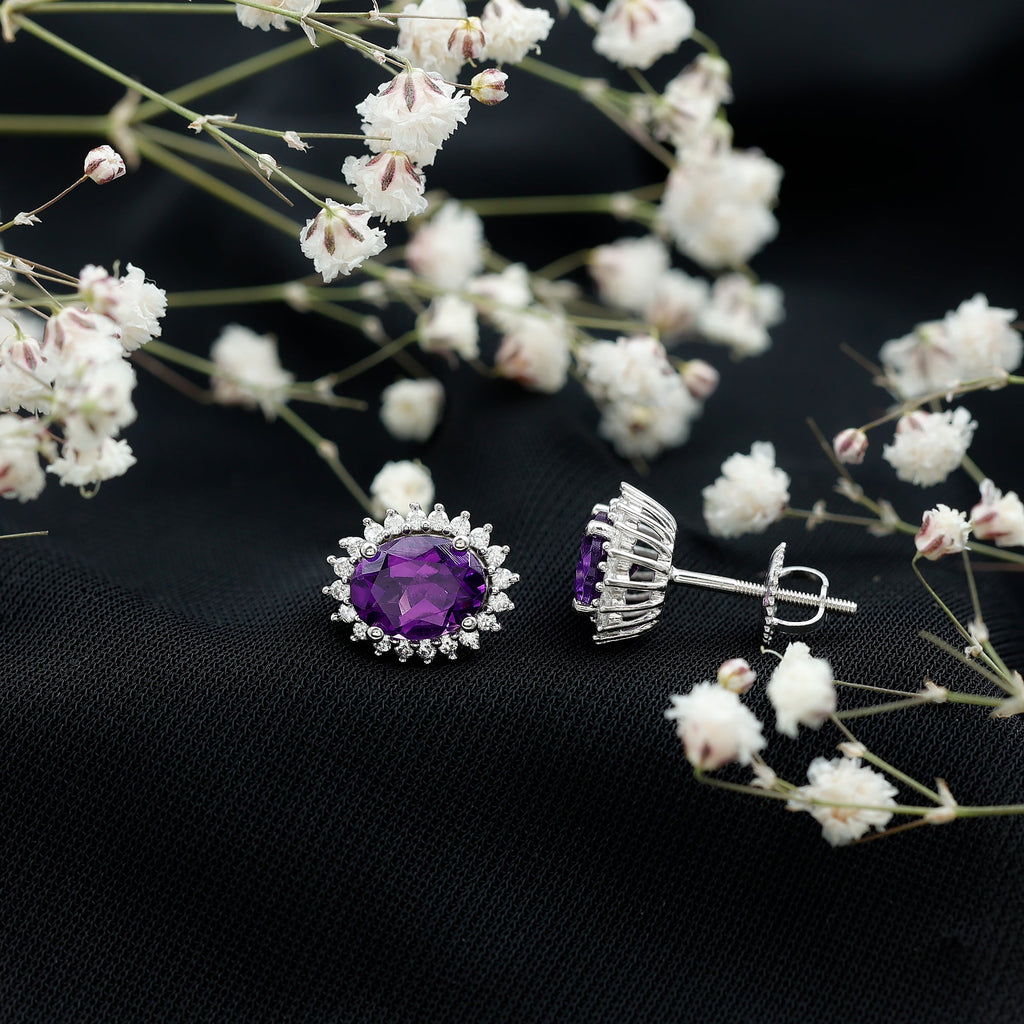 Classic Oval Amethyst Stud Earrings with Moissanite Halo