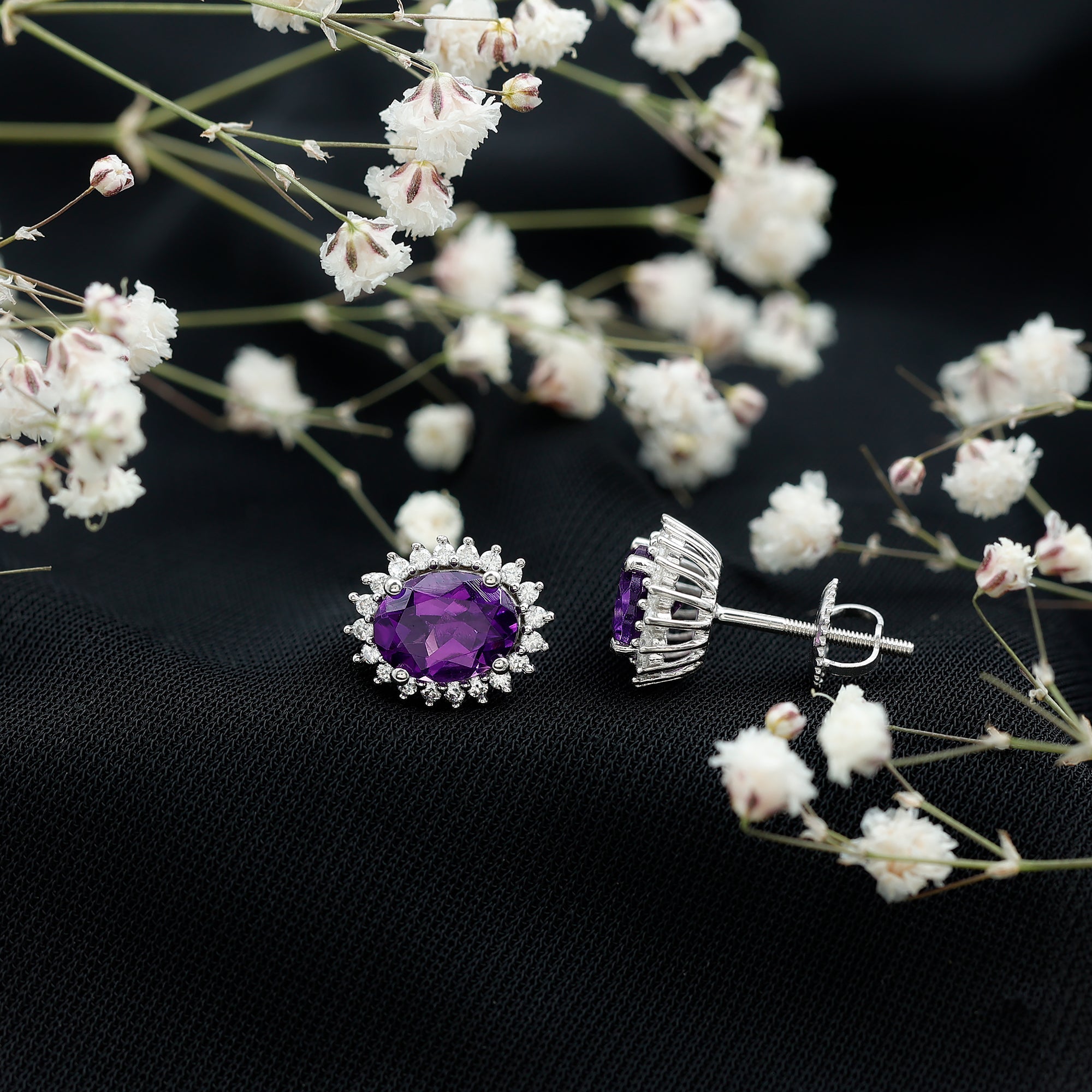 Classic Oval Amethyst Stud Earrings with Moissanite Halo