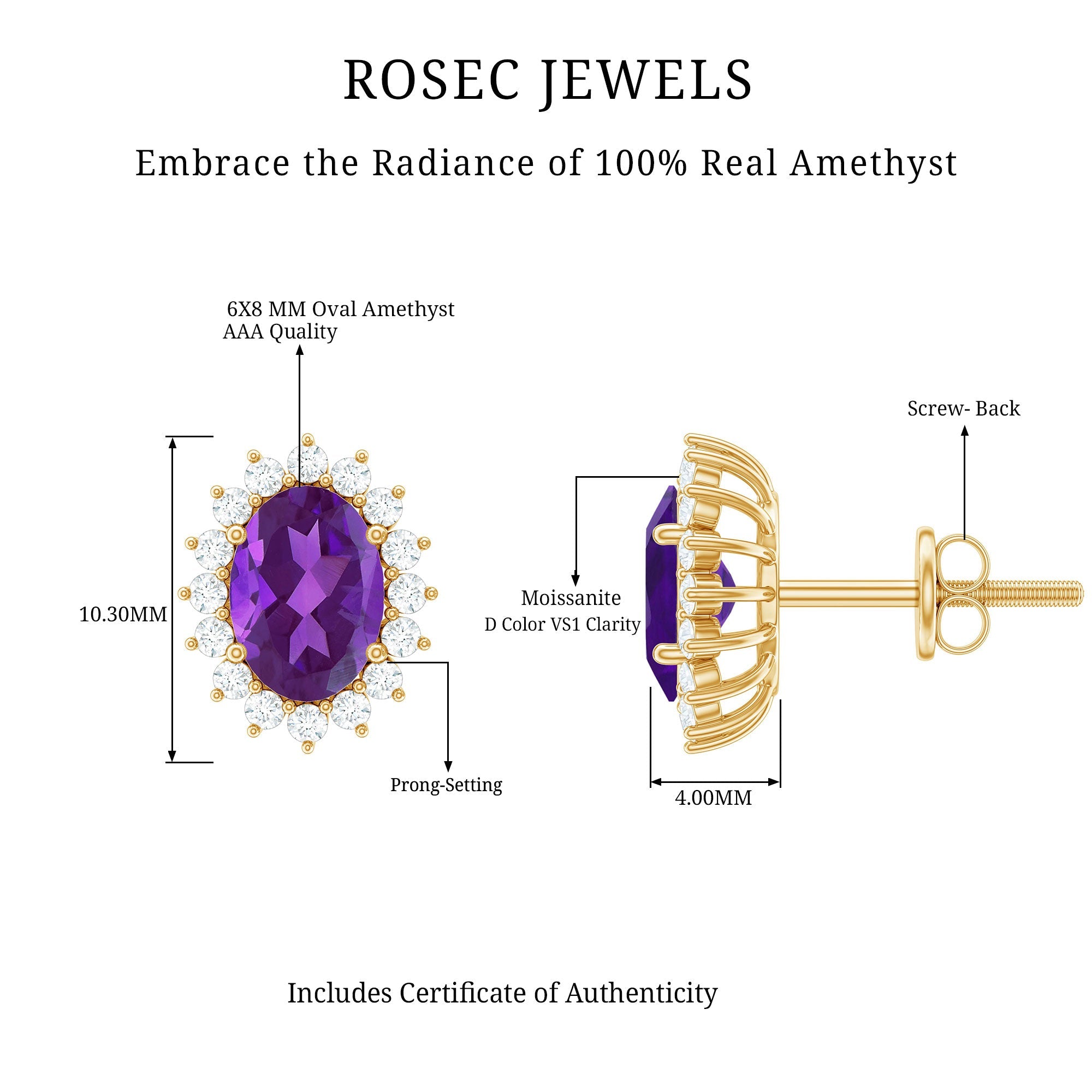 Classic Oval Amethyst Stud Earrings with Moissanite Halo
