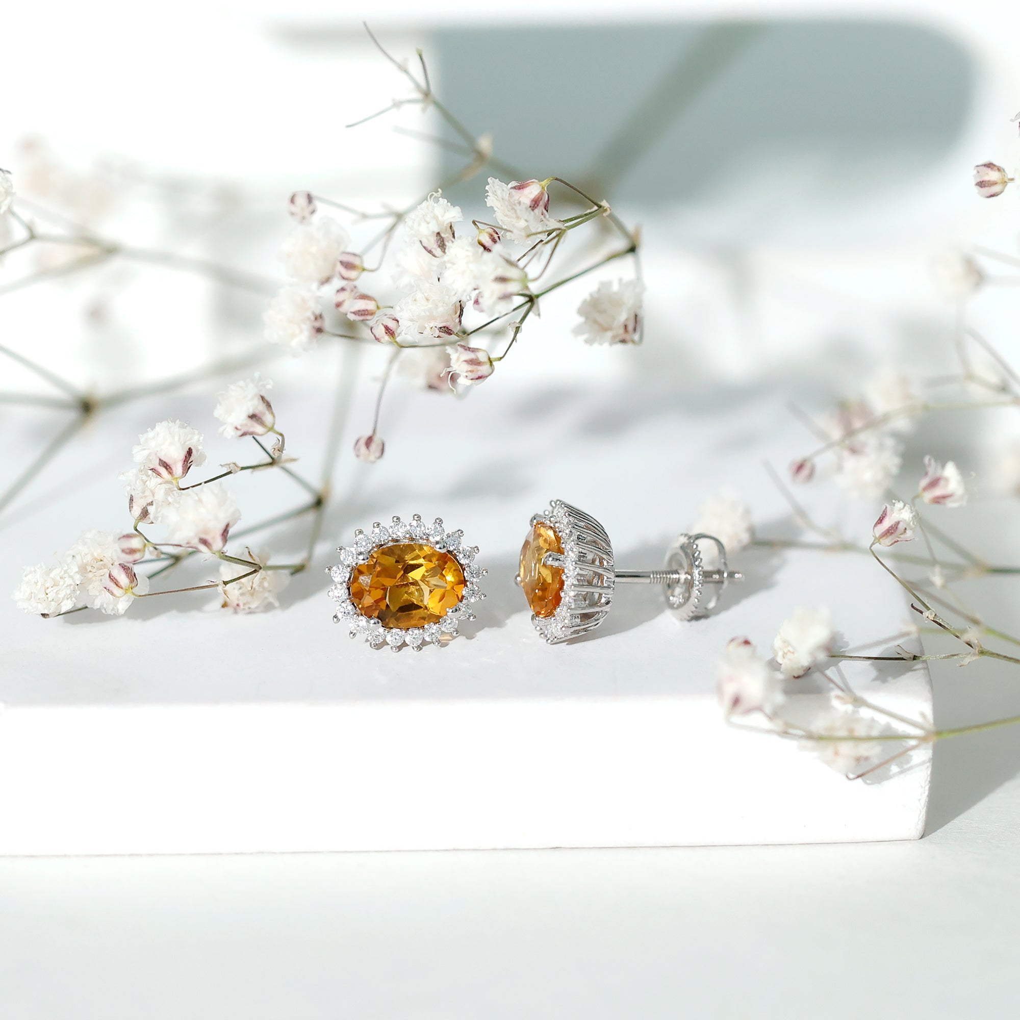 Natural 2.2 Carat Oval Citrine Stud Earrings with Halo