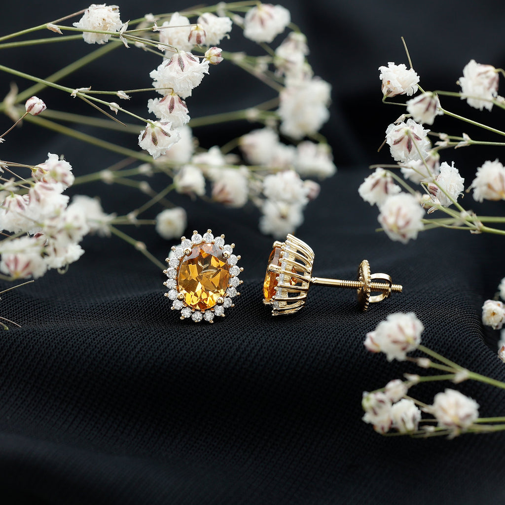 Natural 2.2 Carat Oval Citrine Stud Earrings with Halo