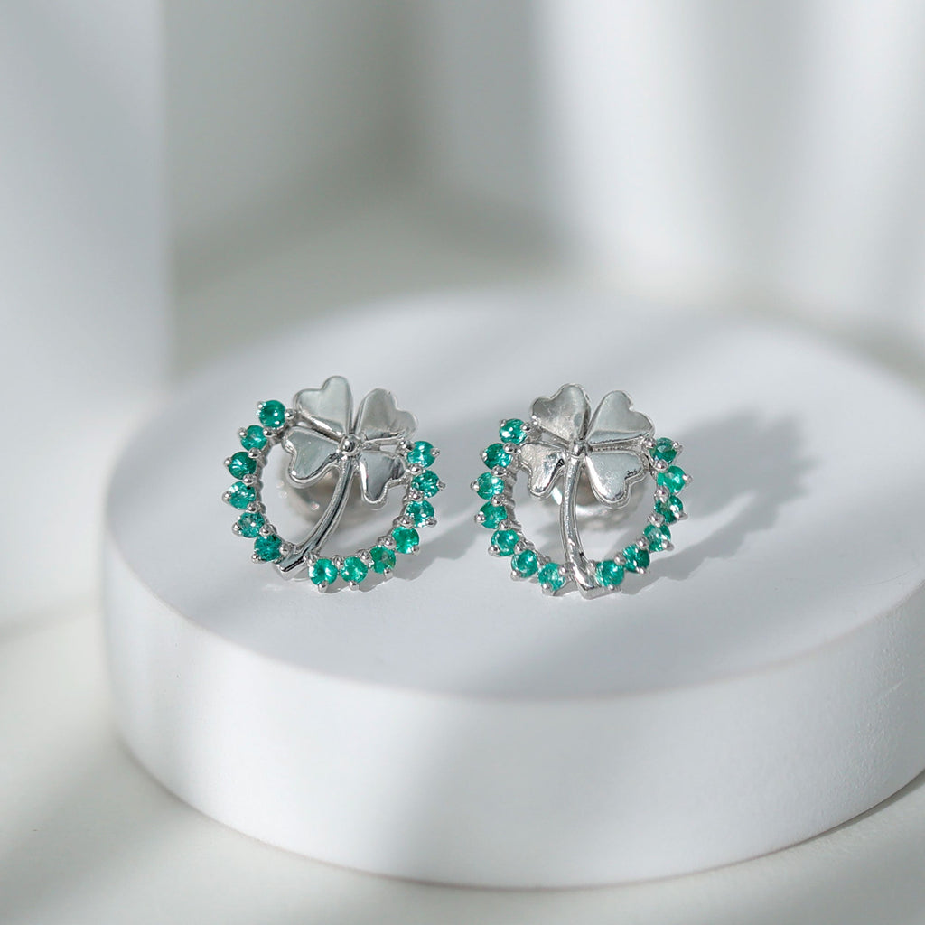 Genuine Emerald Clover Stud Earrings for Women