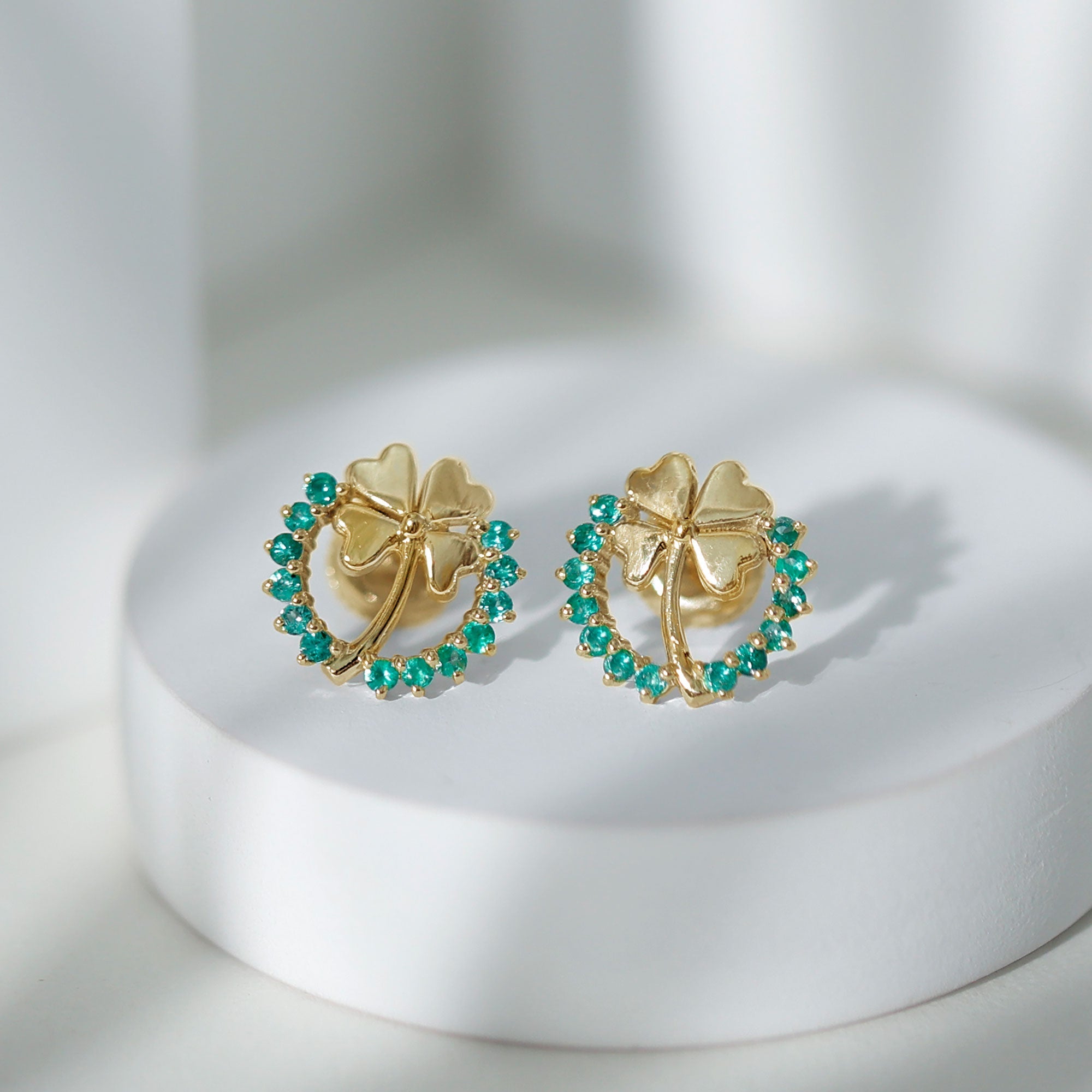 Genuine Emerald Clover Stud Earrings for Women