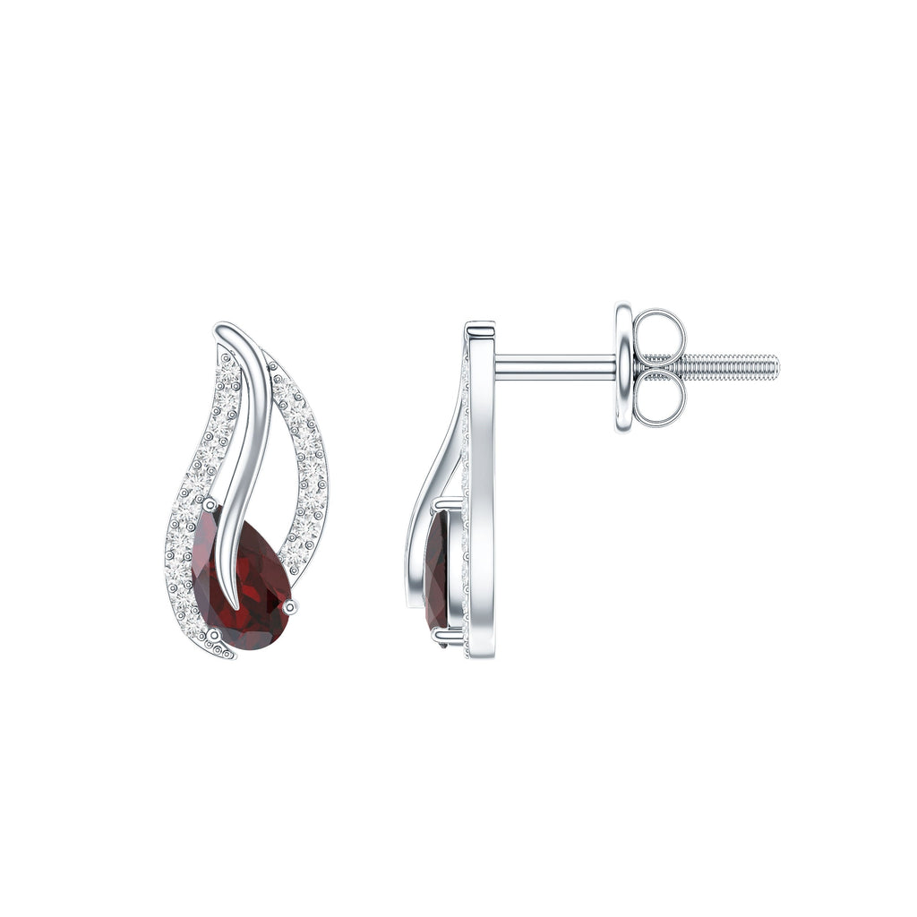 Pear Shape Garnet and Diamond Leaf Stud Earrings