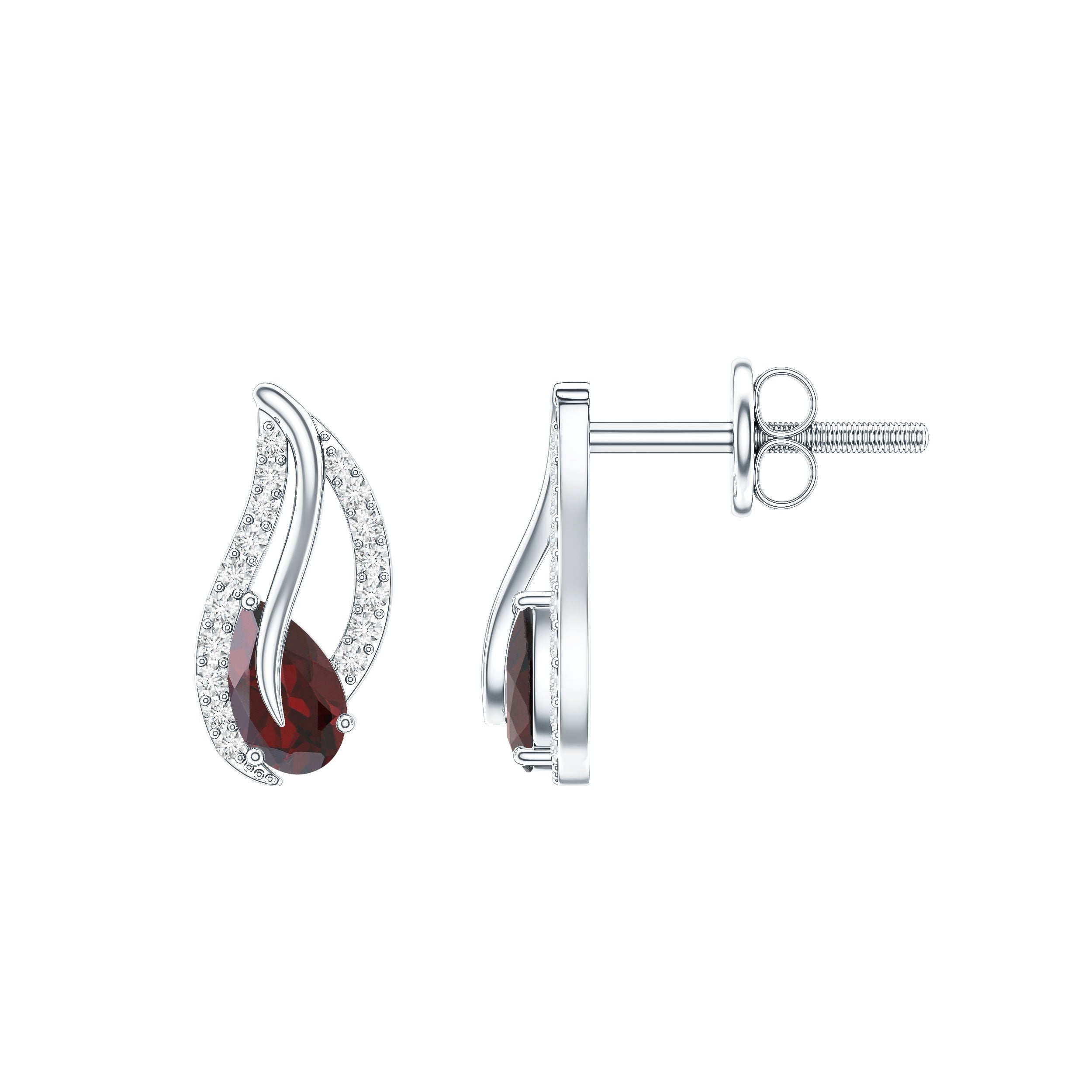 Pear Shape Garnet and Diamond Leaf Stud Earrings