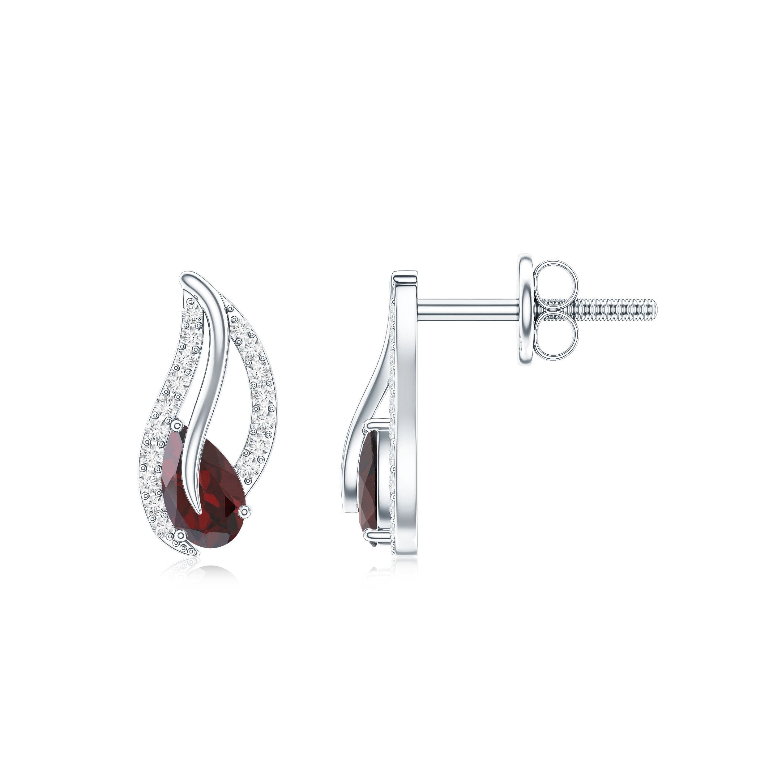 Pear Shape Garnet and Diamond Leaf Stud Earrings