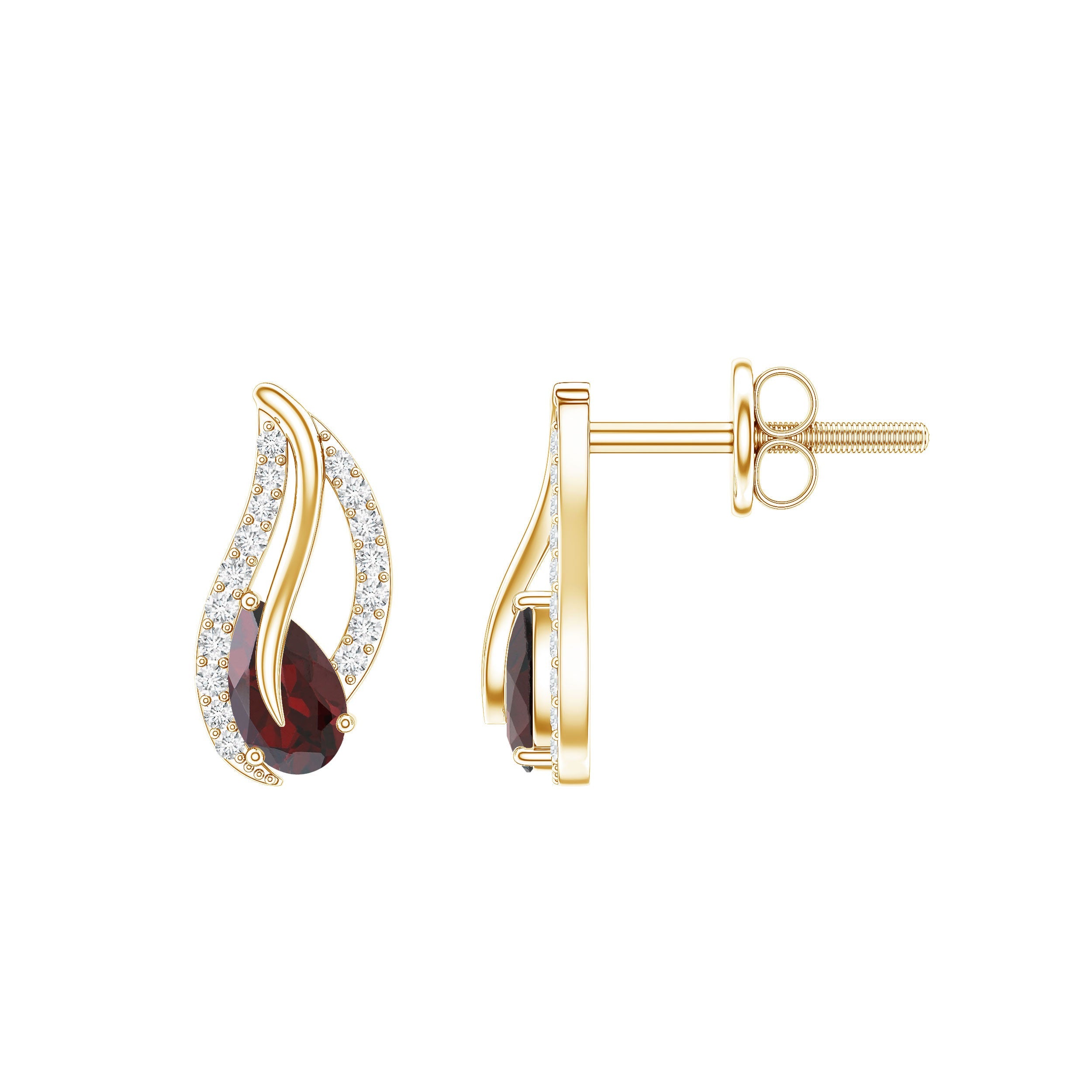 Pear Shape Garnet and Diamond Leaf Stud Earrings | Earrings | Wiccan Center