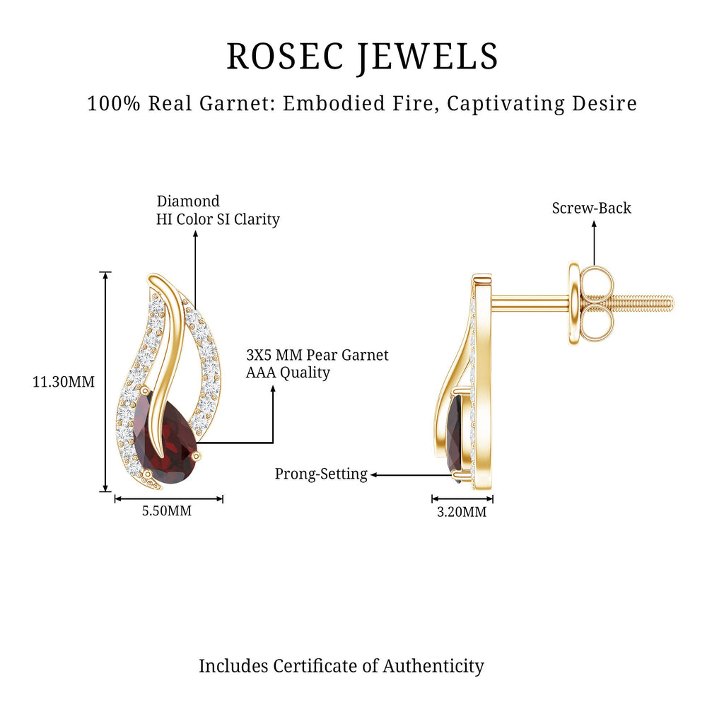 Pear Shape Garnet and Diamond Leaf Stud Earrings