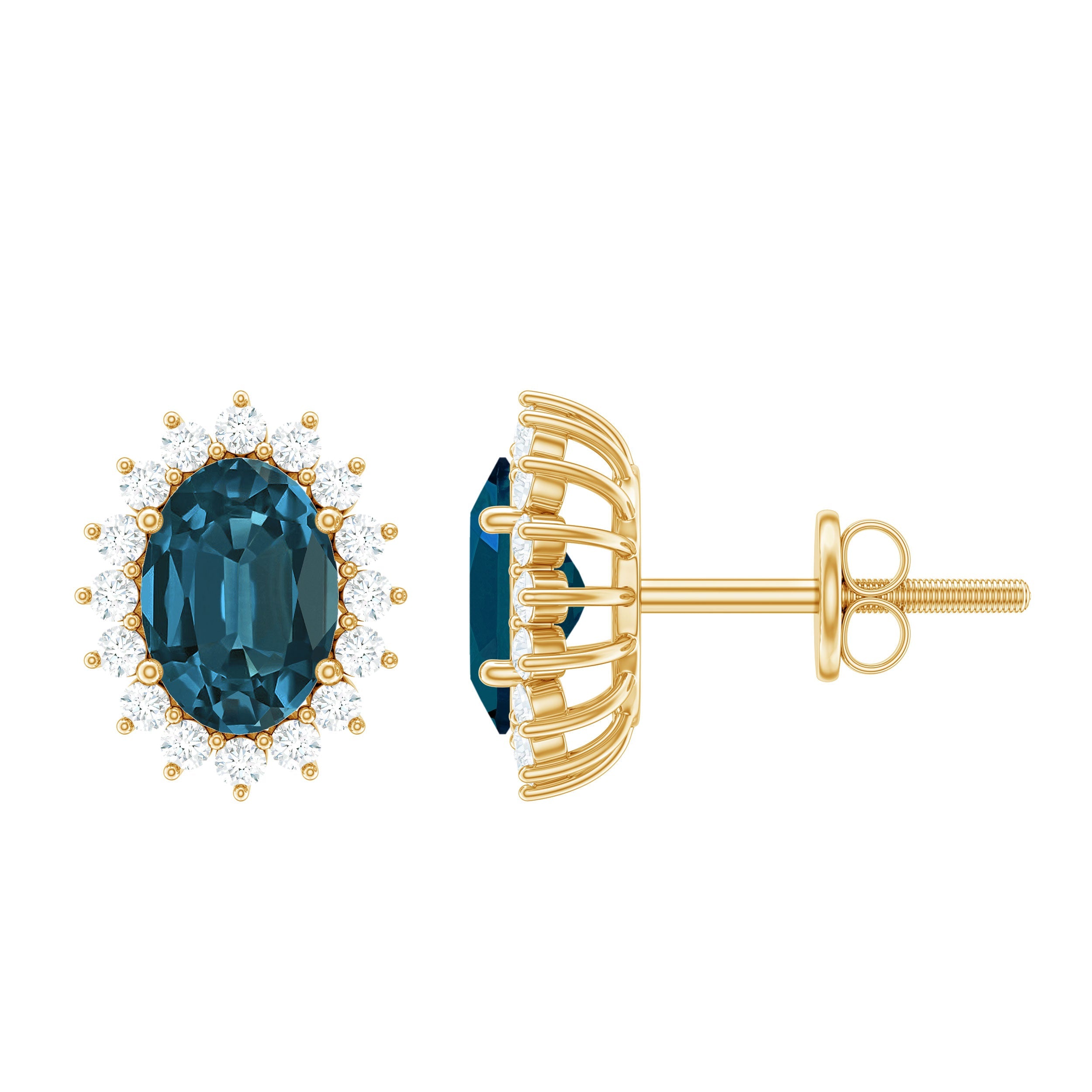 0.8 Carat Oval Cut London Blue Topaz and Diamond Halo Stud Earrings | Earrings | Wiccan Center