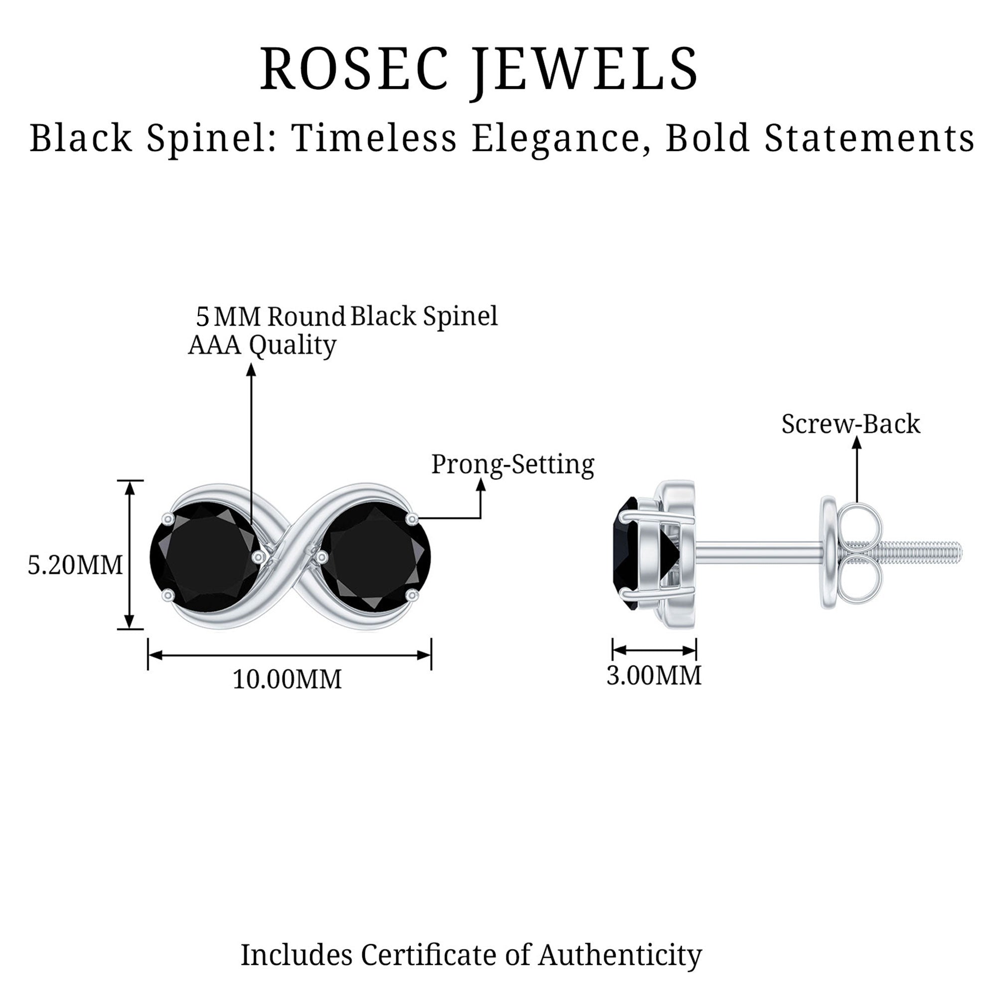 Genuine Black Spinel Two Stone Infinity Stud Earrings