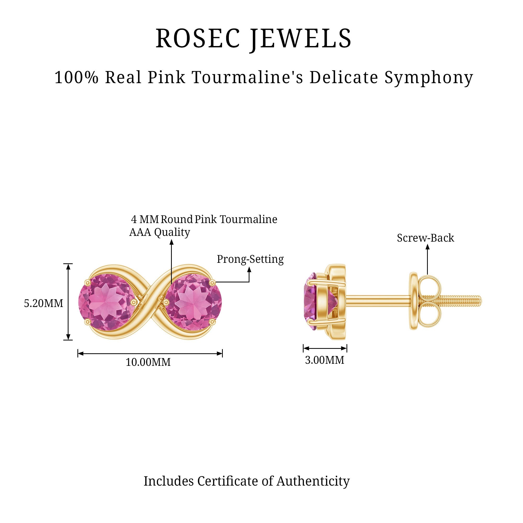 Natural Pink Tourmaline 2 Stone Stud Earrings with Screw Back