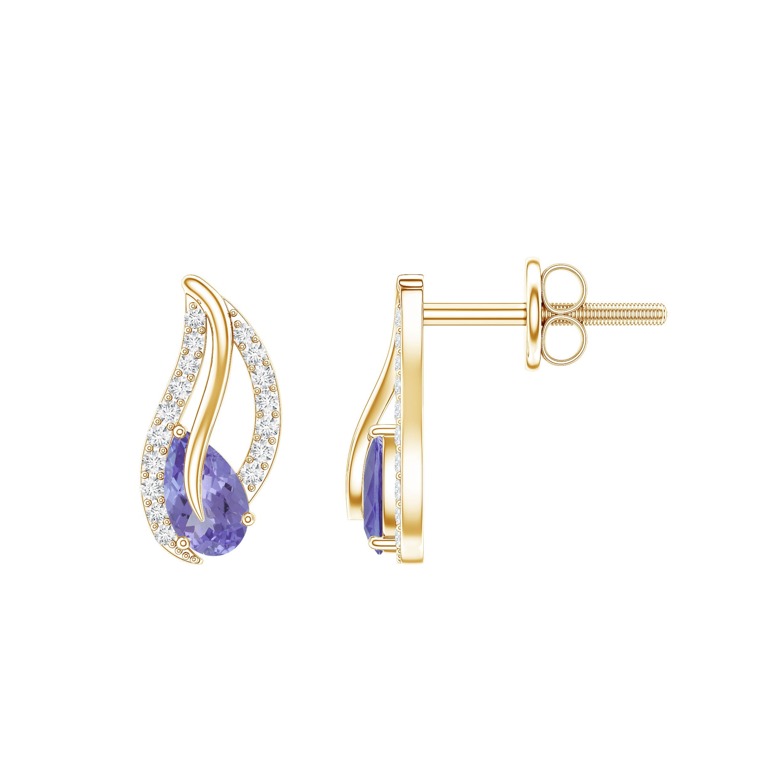 Pear Shape Tanzanite and Diamond Leaf Stud Earrings | Earrings | Wiccan Center