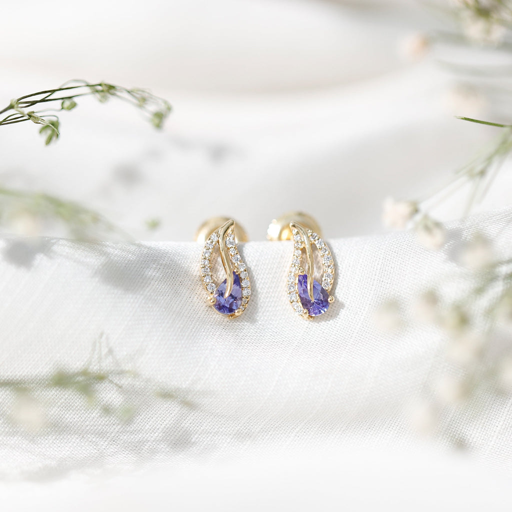 Pear Shape Tanzanite and Diamond Leaf Stud Earrings