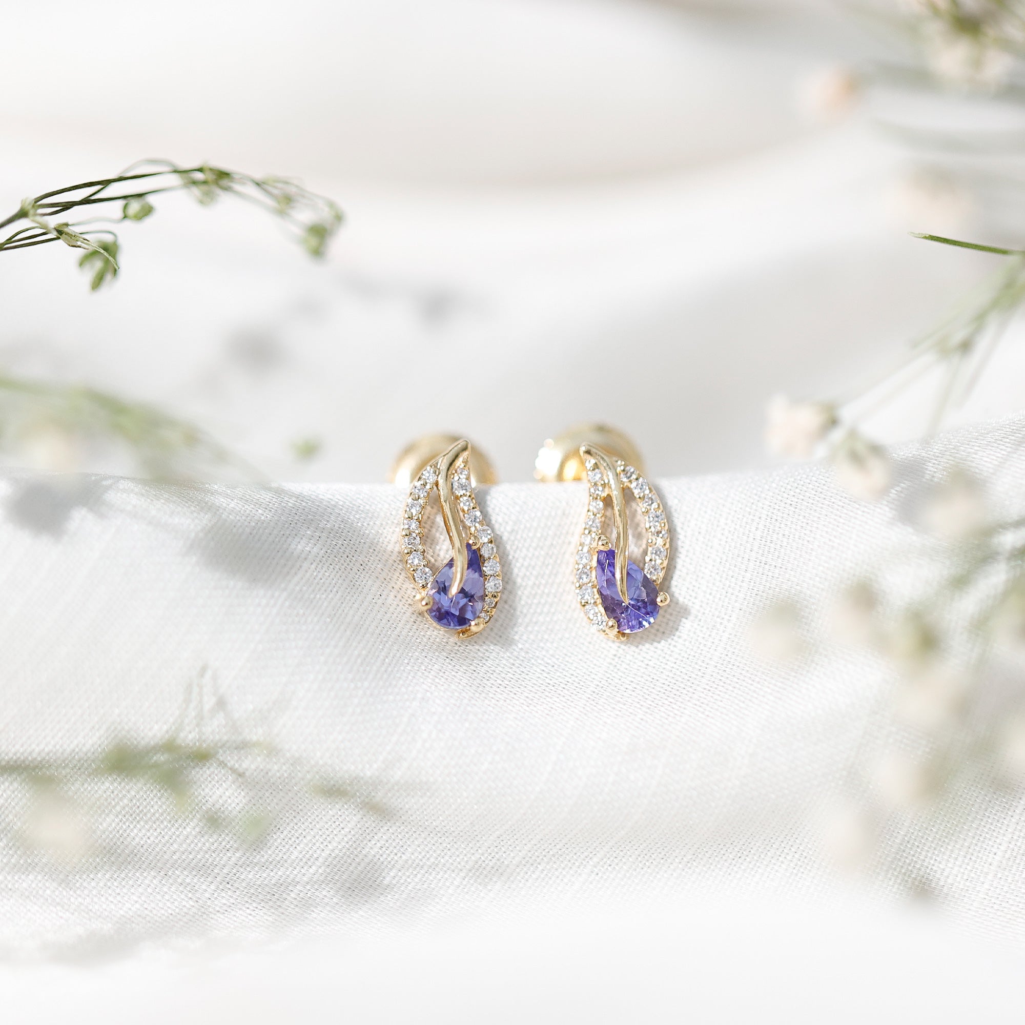 Pear Shape Tanzanite and Diamond Leaf Stud Earrings