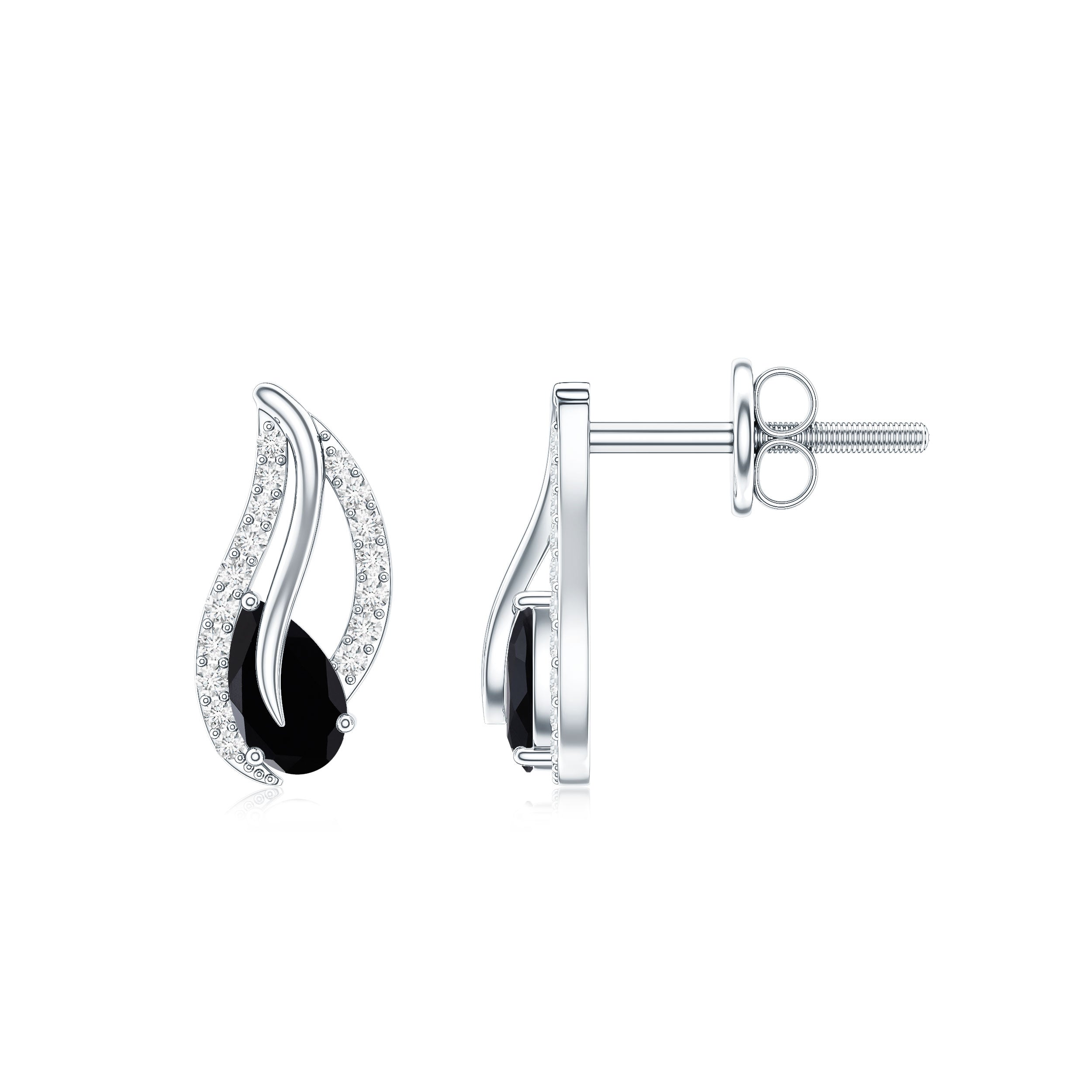 Pear Shape Black Spinel and Diamond Leaf Stud Earrings