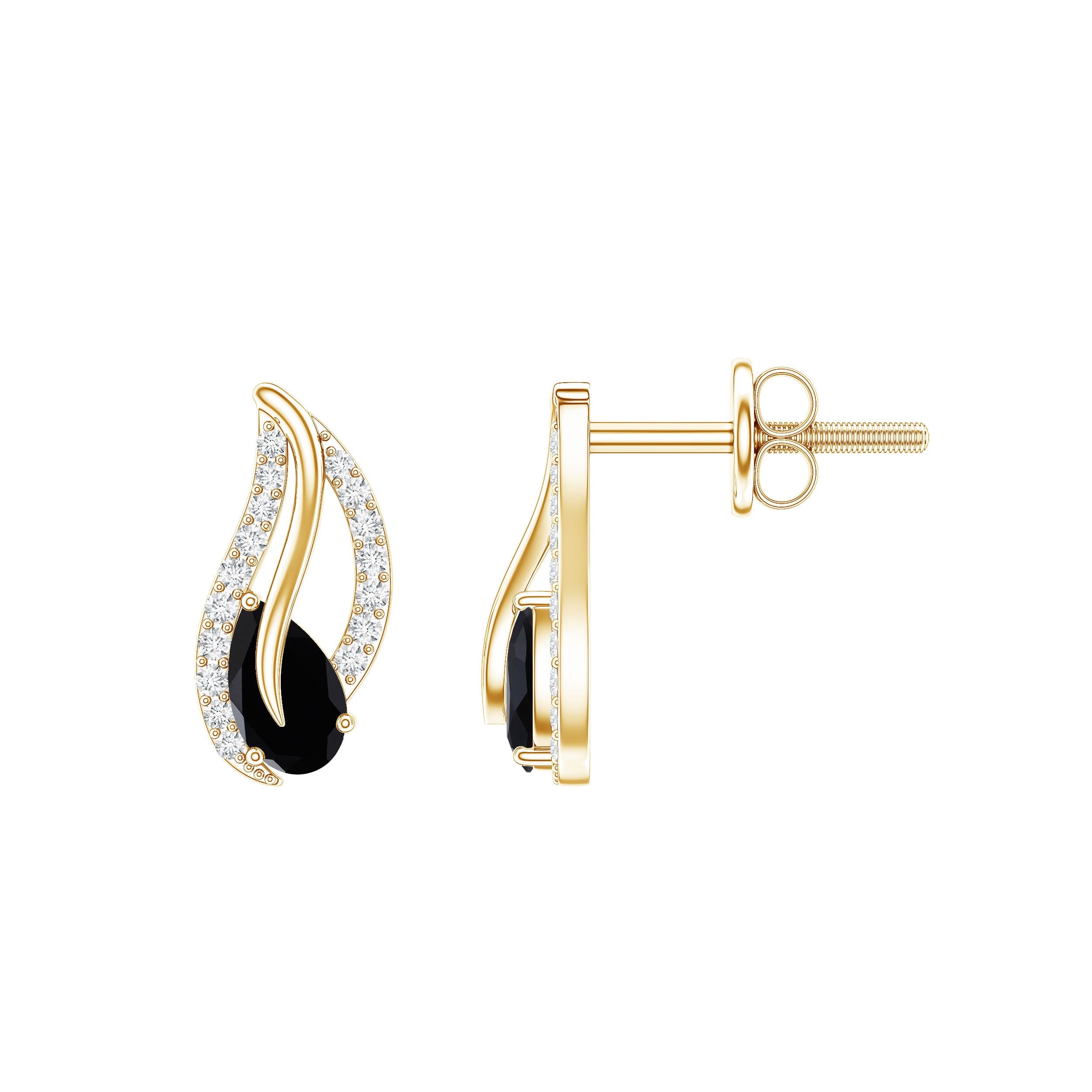 Pear Shape Black Spinel and Diamond Leaf Stud Earrings | Earrings | Wiccan Center