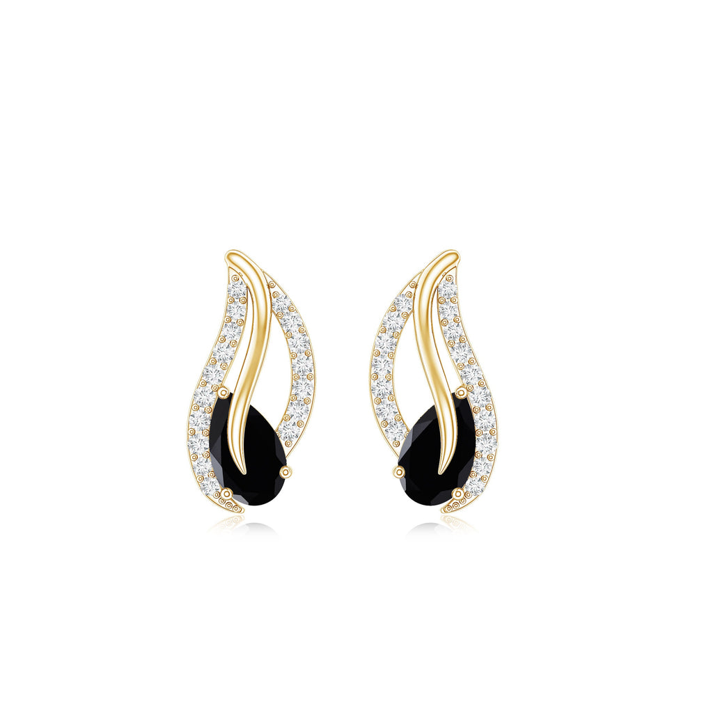 Pear Shape Black Spinel and Diamond Leaf Stud Earrings
