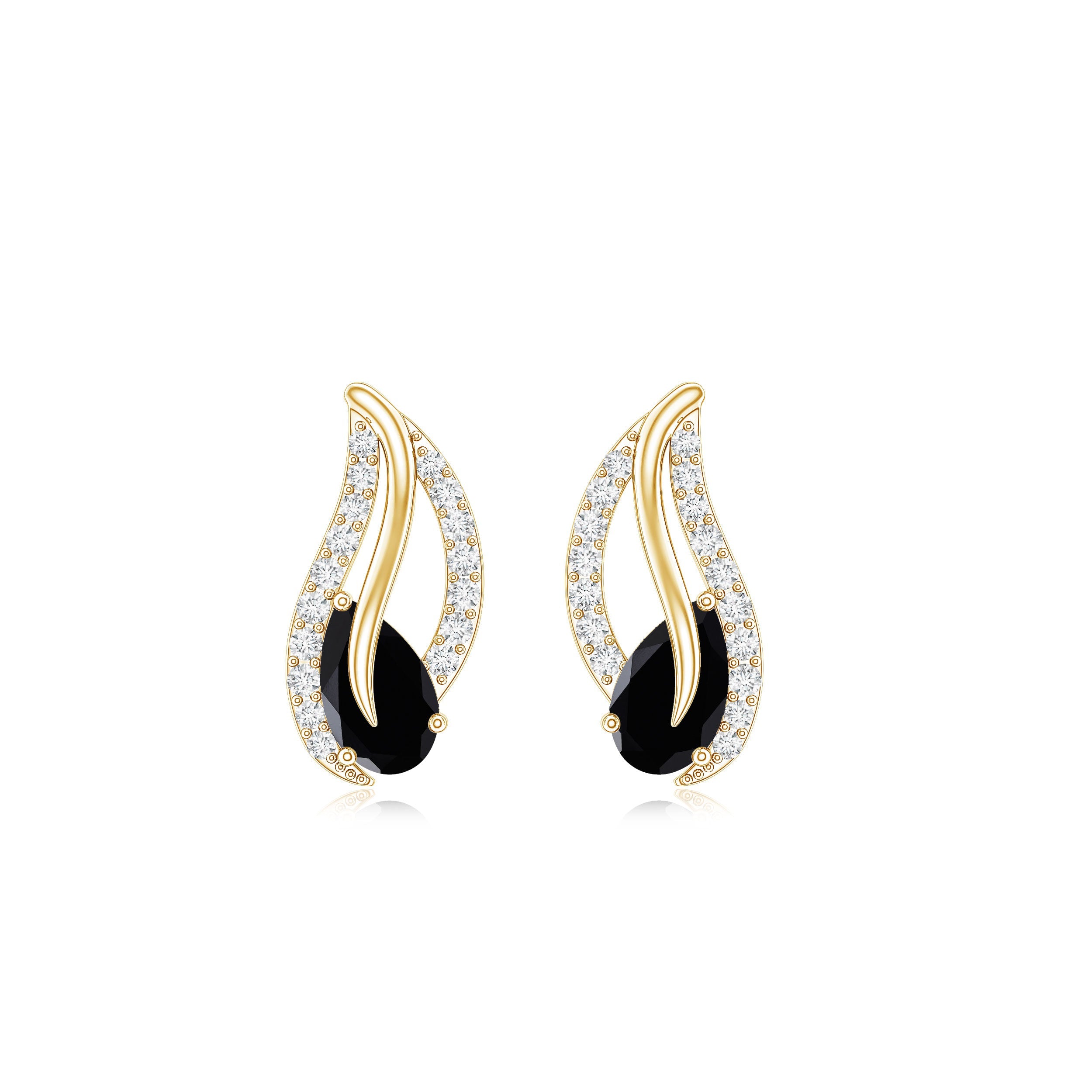 Pear Shape Black Spinel and Diamond Leaf Stud Earrings