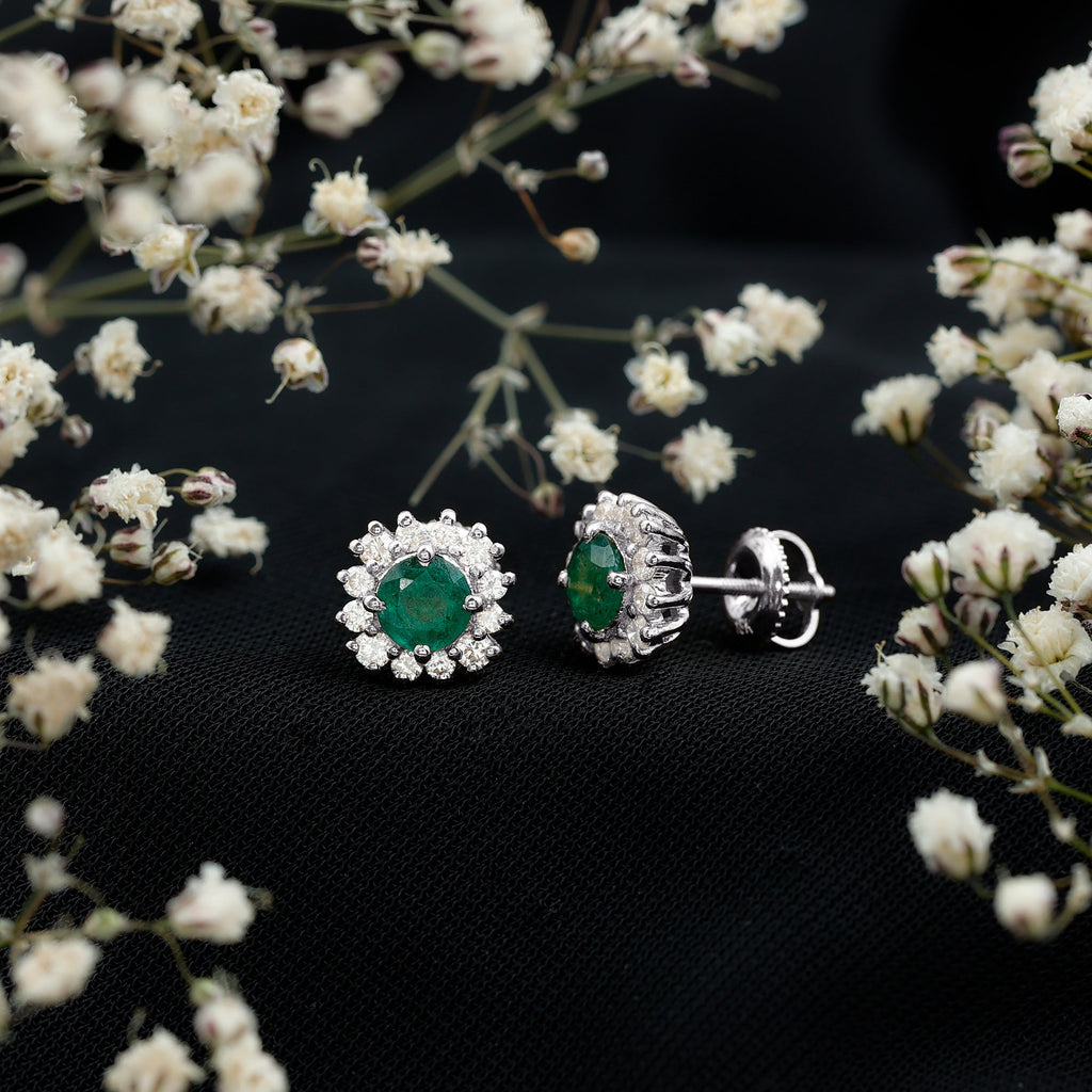 Classic Emerald Stud Earrings with Diamond Halo