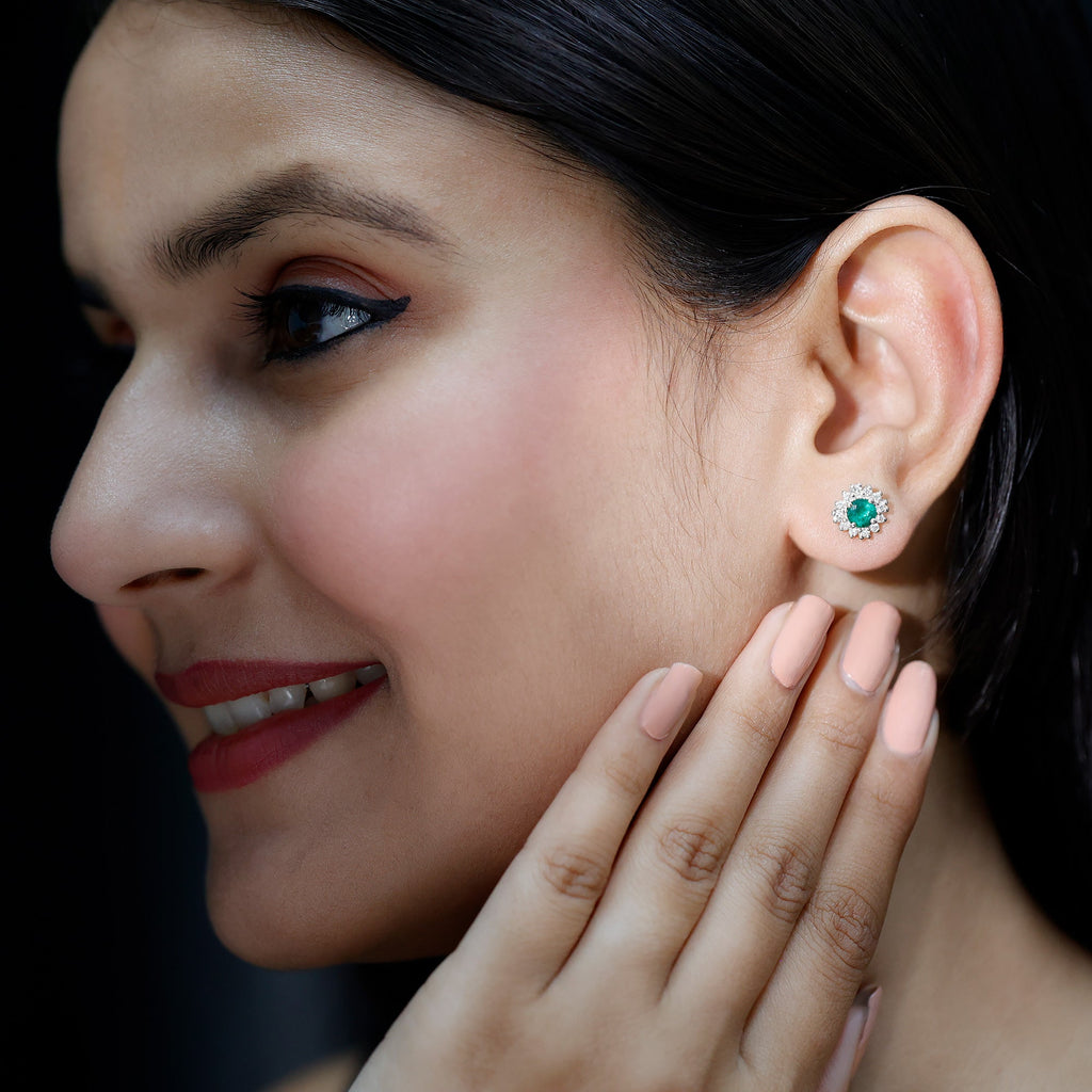Classic Emerald Stud Earrings with Diamond Halo